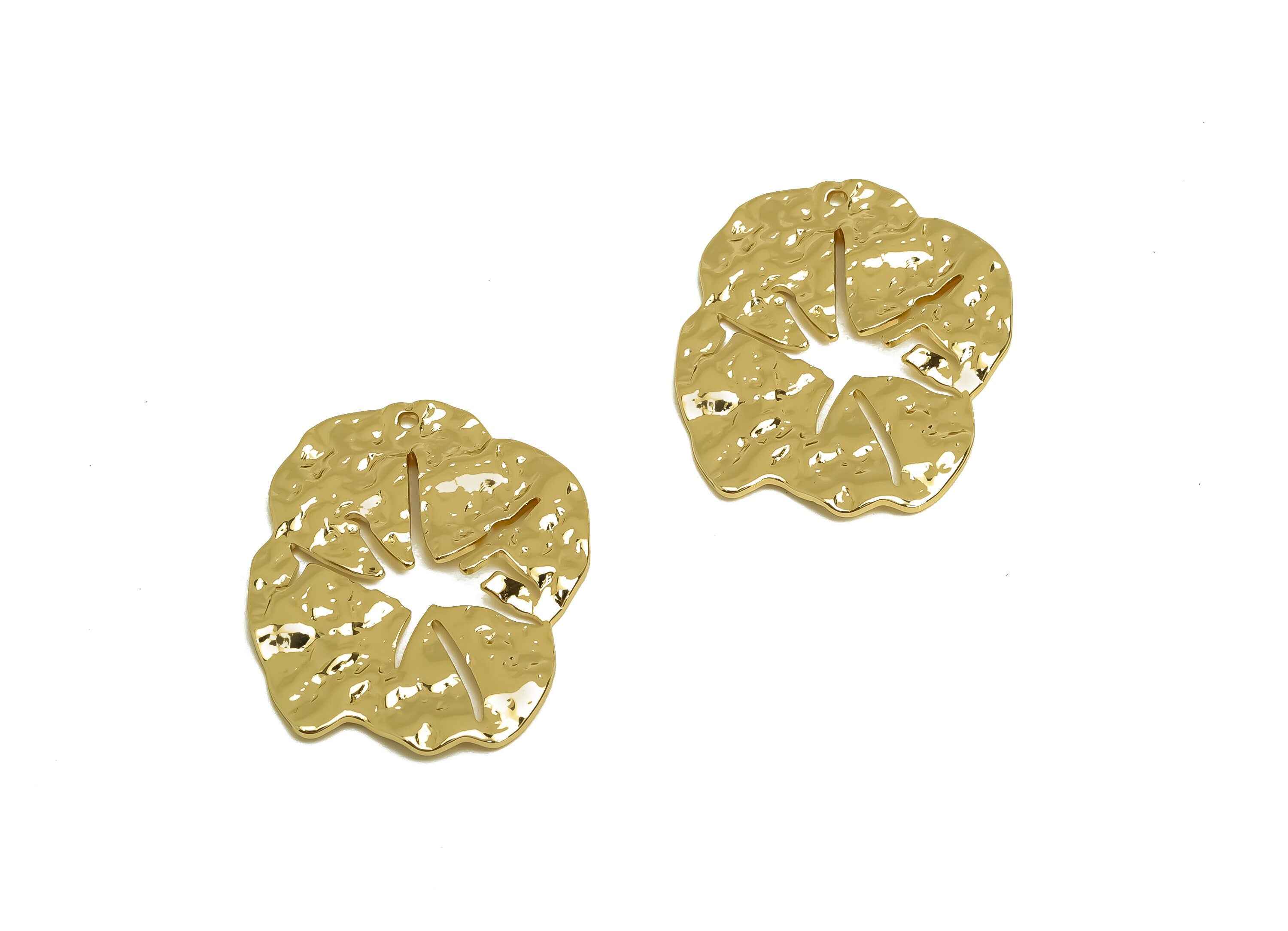 Brass Leaf Earring Charm - Brass Textured Leaf Earring Charms - Brass Lotus Leaf Pendant - 18K Real Gold Plating - 25.4x21.06x1mm - RGP6765 - DOMEDBAZAAR