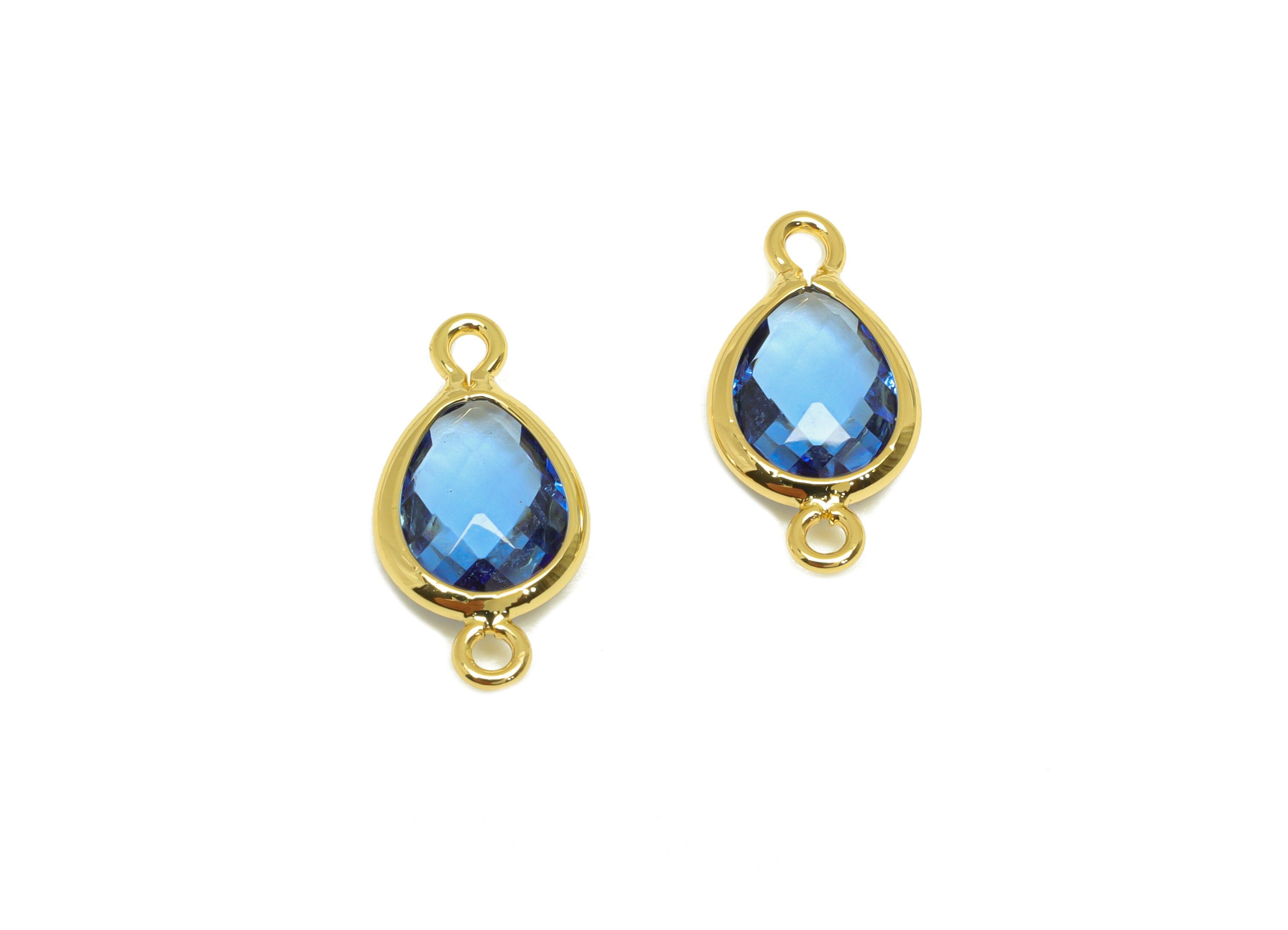 Brass Teardrop Connector - Brass Faceted Glass Earring Charm - Brass Blue Earring Charm - 18K Real Gold Plated - 14x6x2.94mm - RGP6922V - DOMEDBAZAAR