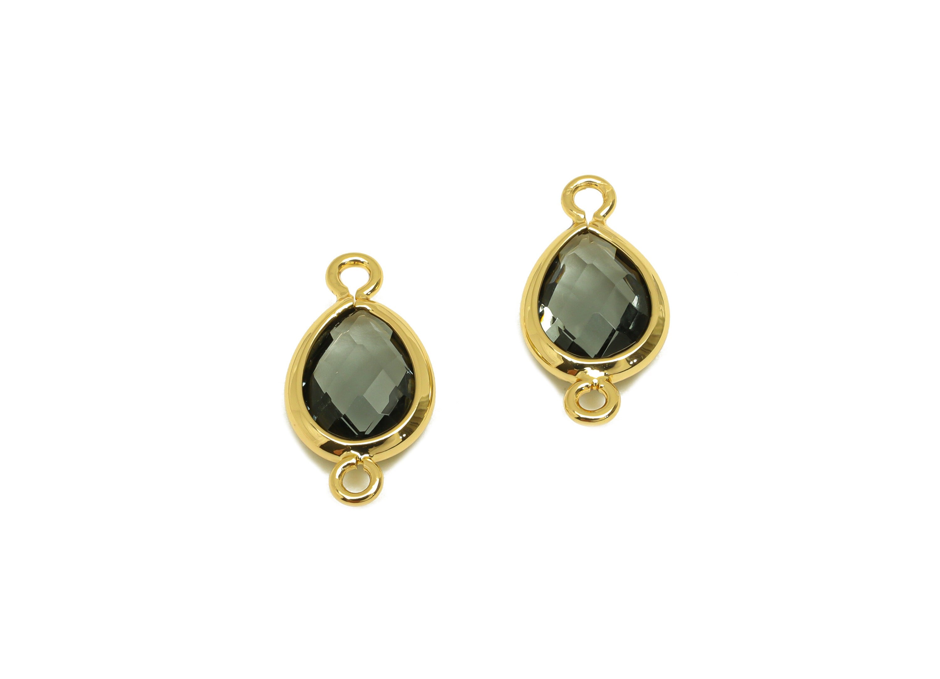 Brass Teardrop Connector - Brass Faceted Glass Earring Charm - Transparent Black Earring Charm - 18K Real Gold Plated - 14x6x2mm - RGP6922Y - DOMEDBAZAAR