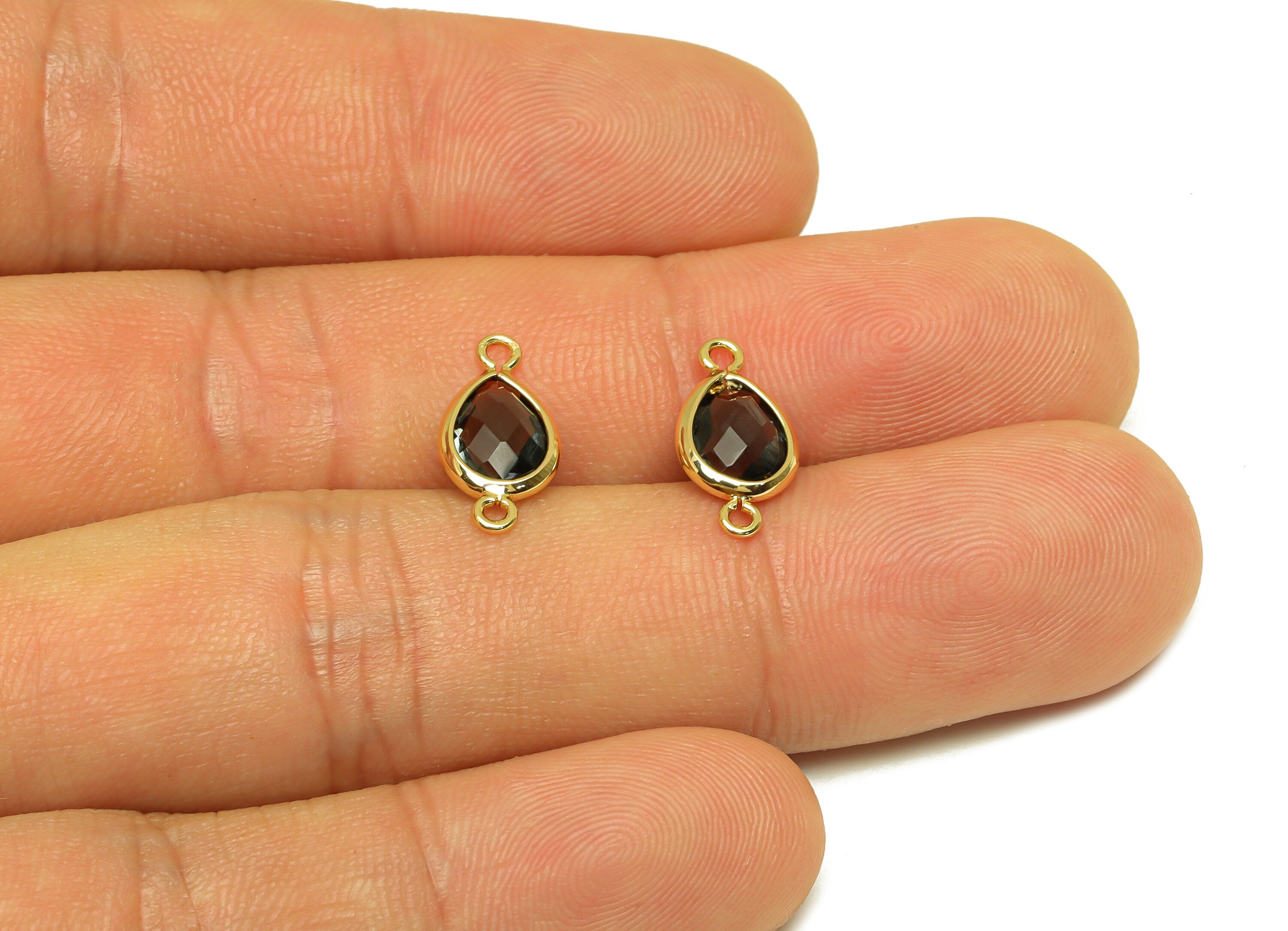 Brass Teardrop Connector - Brass Faceted Glass Earring Charm - Transparent Black Earring Charm - 18K Real Gold Plated - 14x6x2mm - RGP6922Y - DOMEDBAZAAR