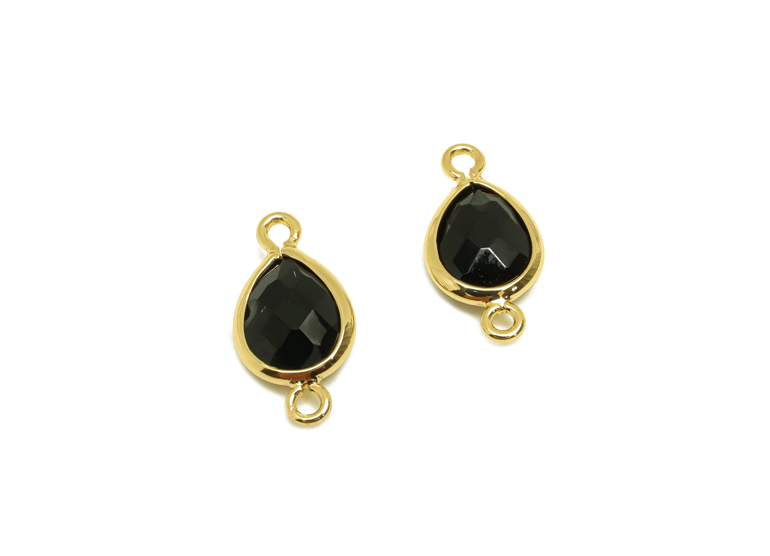 Brass Teardrop Connector - Brass Faceted Glass Earring Charm - Black Glass Earring Charm - 18K Real Gold Plated - 14x6x2mm - RGP6922R - DOMEDBAZAAR