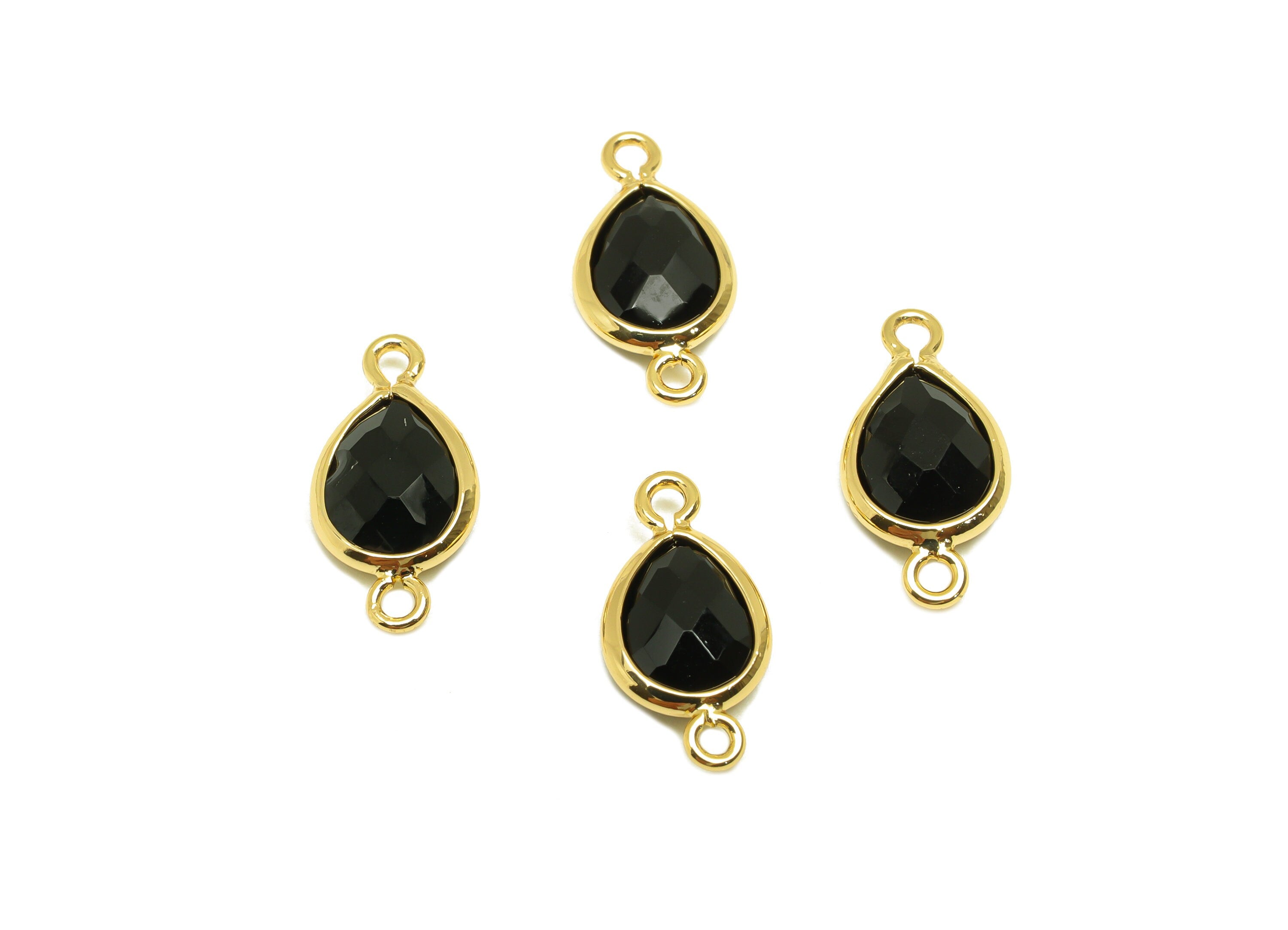 Brass Teardrop Connector - Brass Faceted Glass Earring Charm - Black Glass Earring Charm - 18K Real Gold Plated - 14x6x2mm - RGP6922R - DOMEDBAZAAR