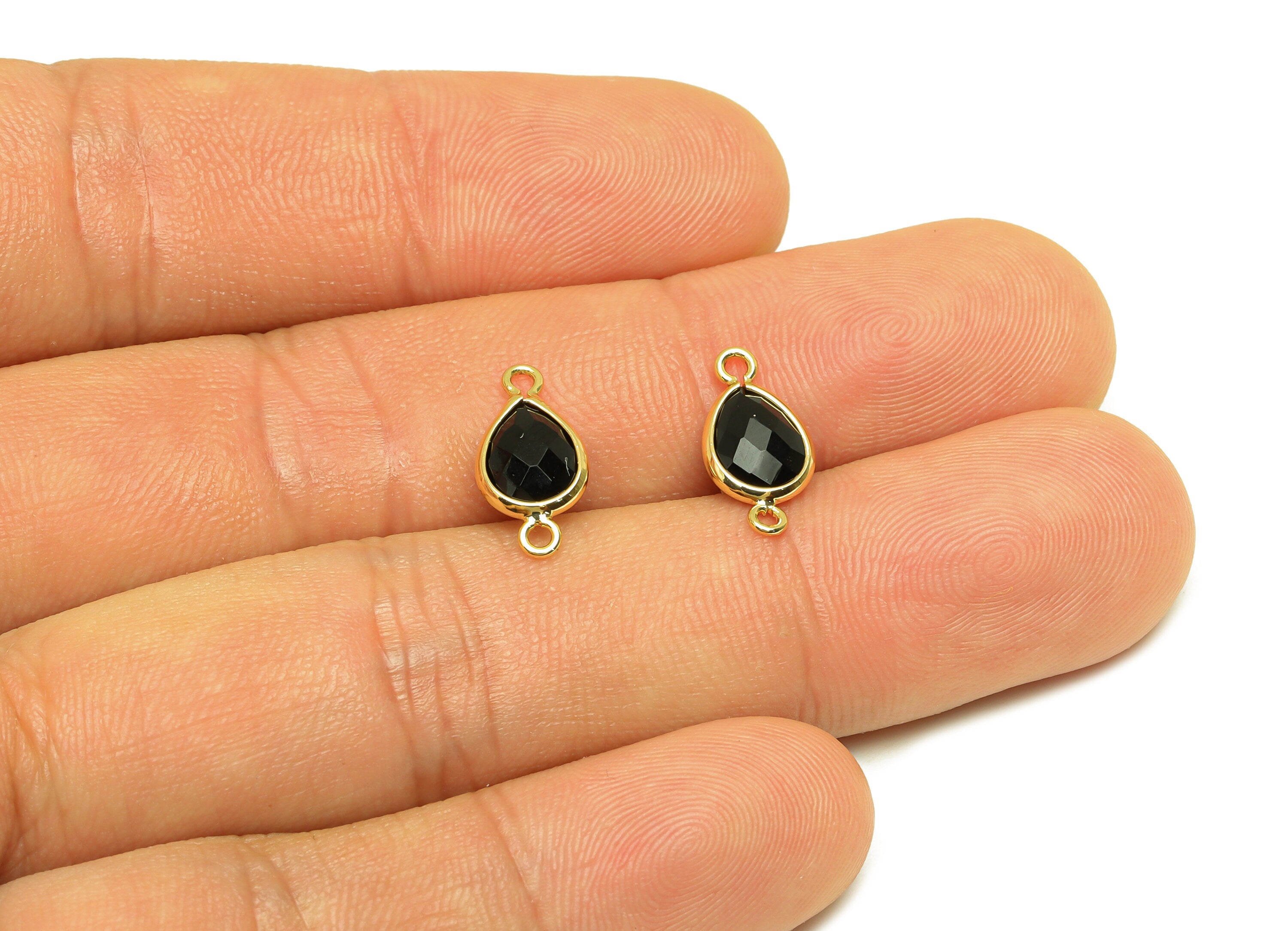 Brass Teardrop Connector - Brass Faceted Glass Earring Charm - Black Glass Earring Charm - 18K Real Gold Plated - 14x6x2mm - RGP6922R - DOMEDBAZAAR