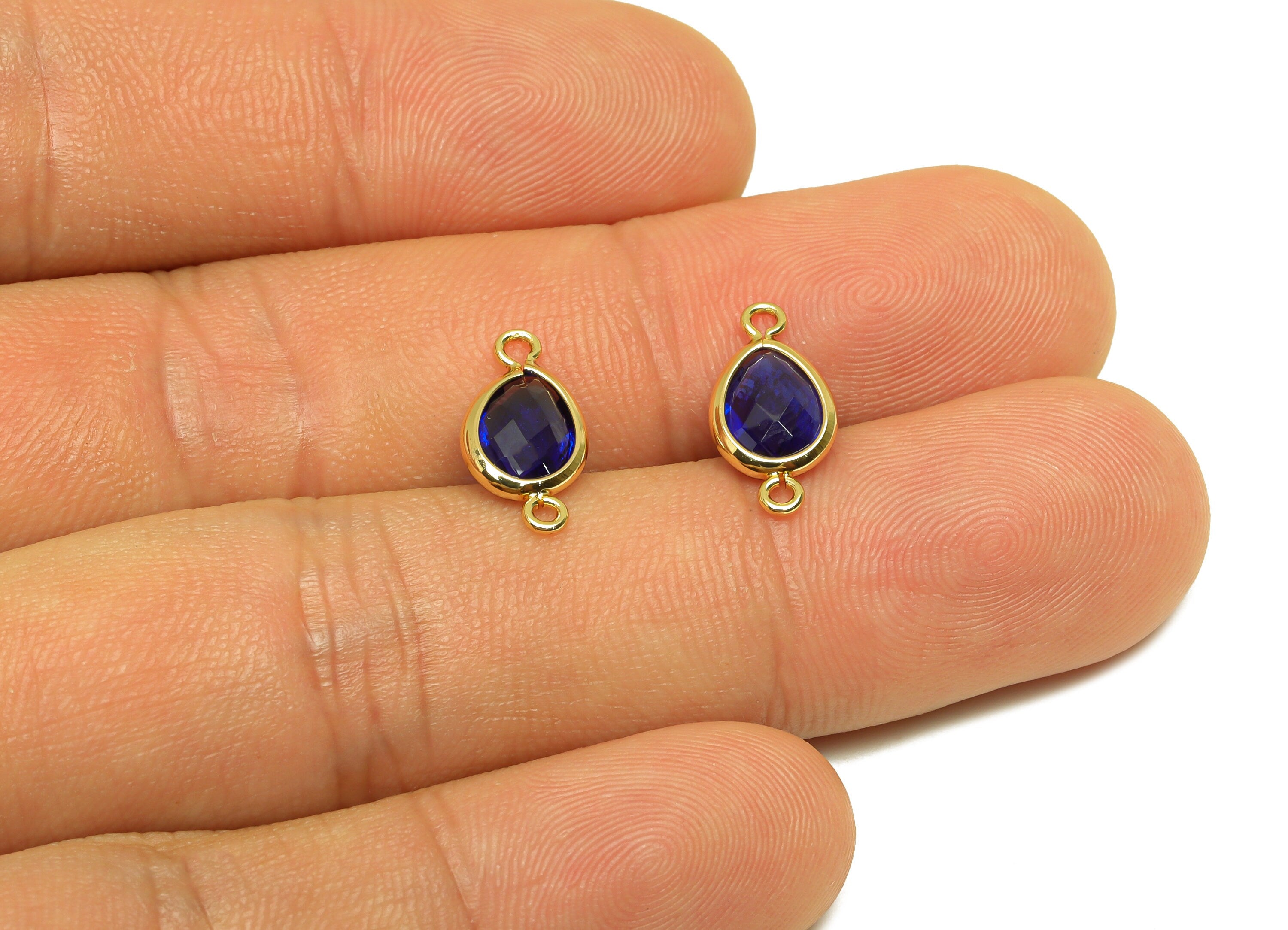 Brass Teardrop Connector - Brass Faceted Glass Earring Charm - Royal Blue Earring Charm - 18K Real Gold Plated - 14x6x2mm - RGP6922G - DOMEDBAZAAR