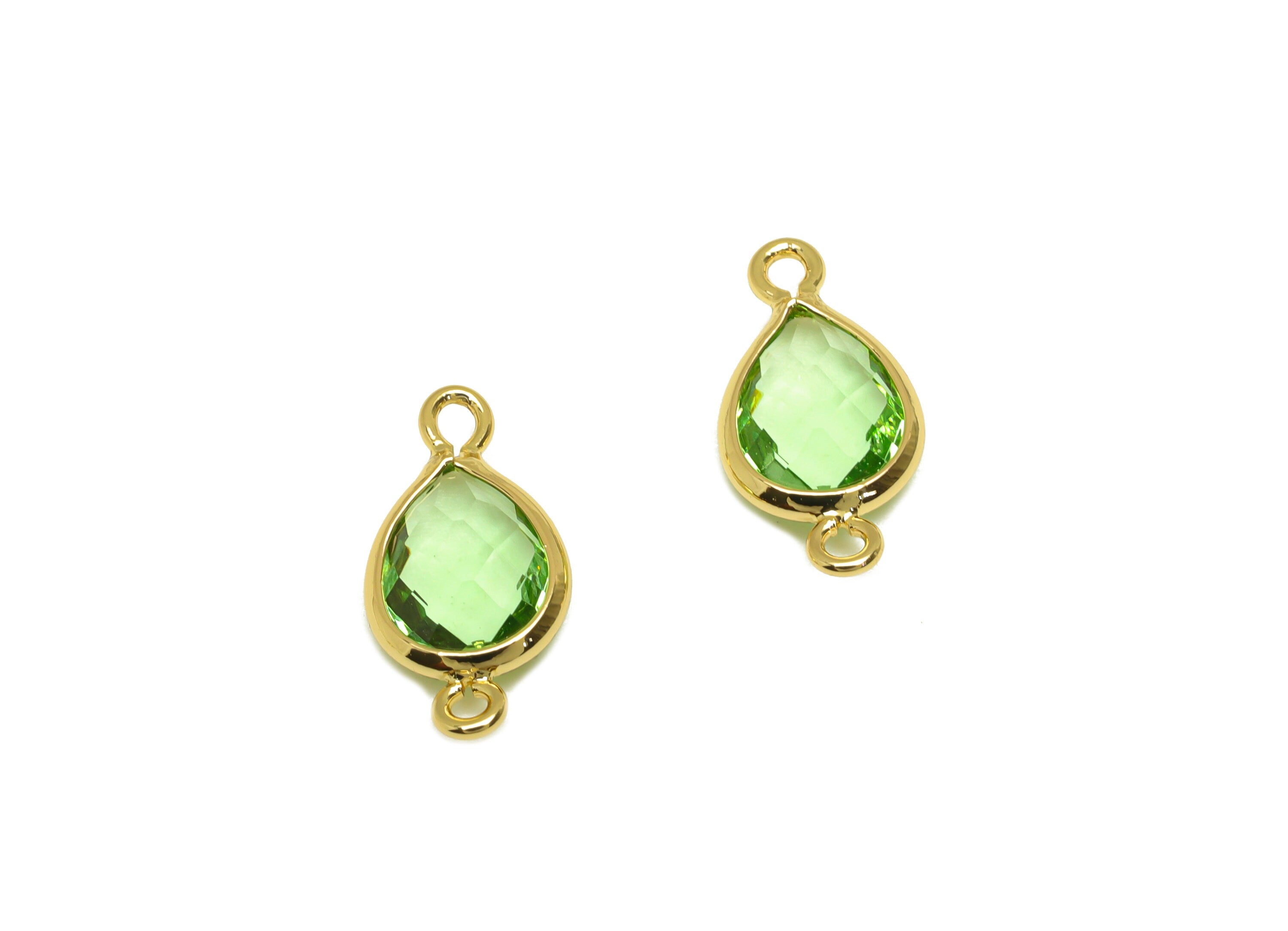 Brass Teardrop Connector - Brass Faceted Glass Earring Charm - Light Green Earring Charm - 18K Real Gold Plated - 14x6x2mm - RGP6922D - DOMEDBAZAAR