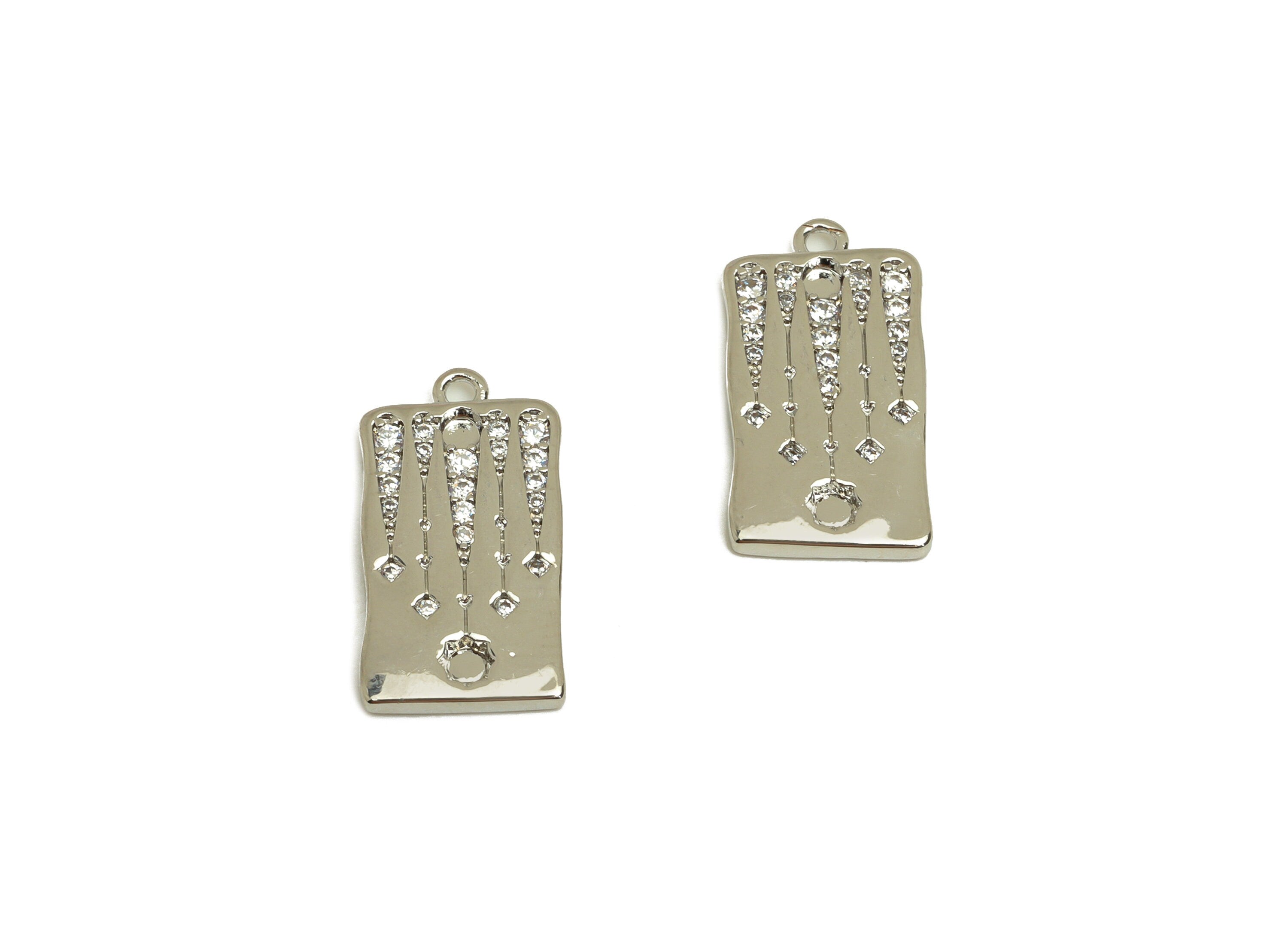 Brass CZ Rectangle Earring Charm - Brass Pattern Star Earring Charms - Cubic Zircon Pendant - 18K Real White Plating - 19x10x1.9mm - RGP6776 - DOMEDBAZAAR