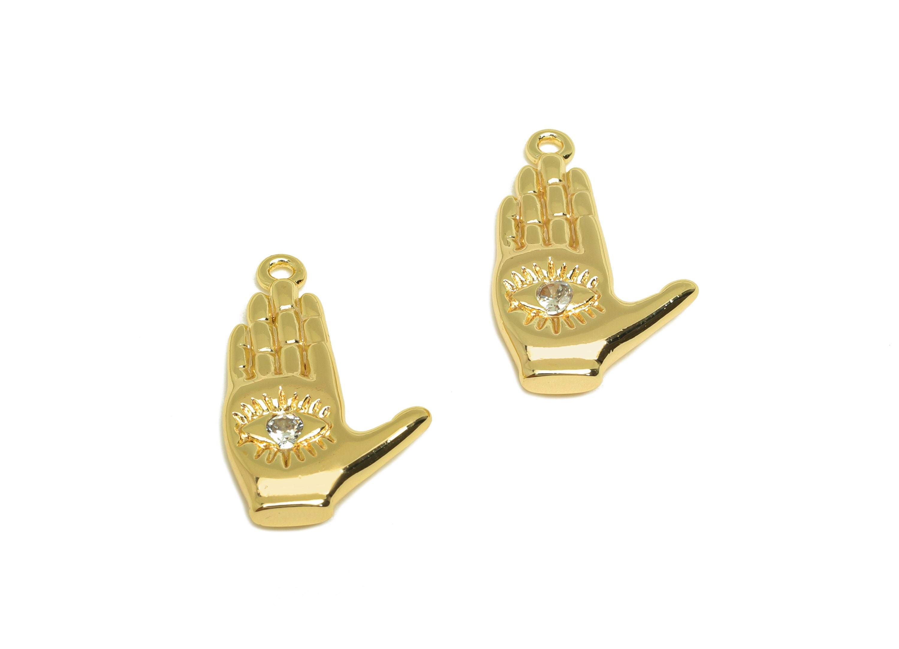 Brass CZ Hand Earring Charm - Brass Textured Eye Earring Charms - Brass Cubic Zircon Pendant - 18K Real Gold Plating - 20x13x3mm - RGP6786 - DOMEDBAZAAR