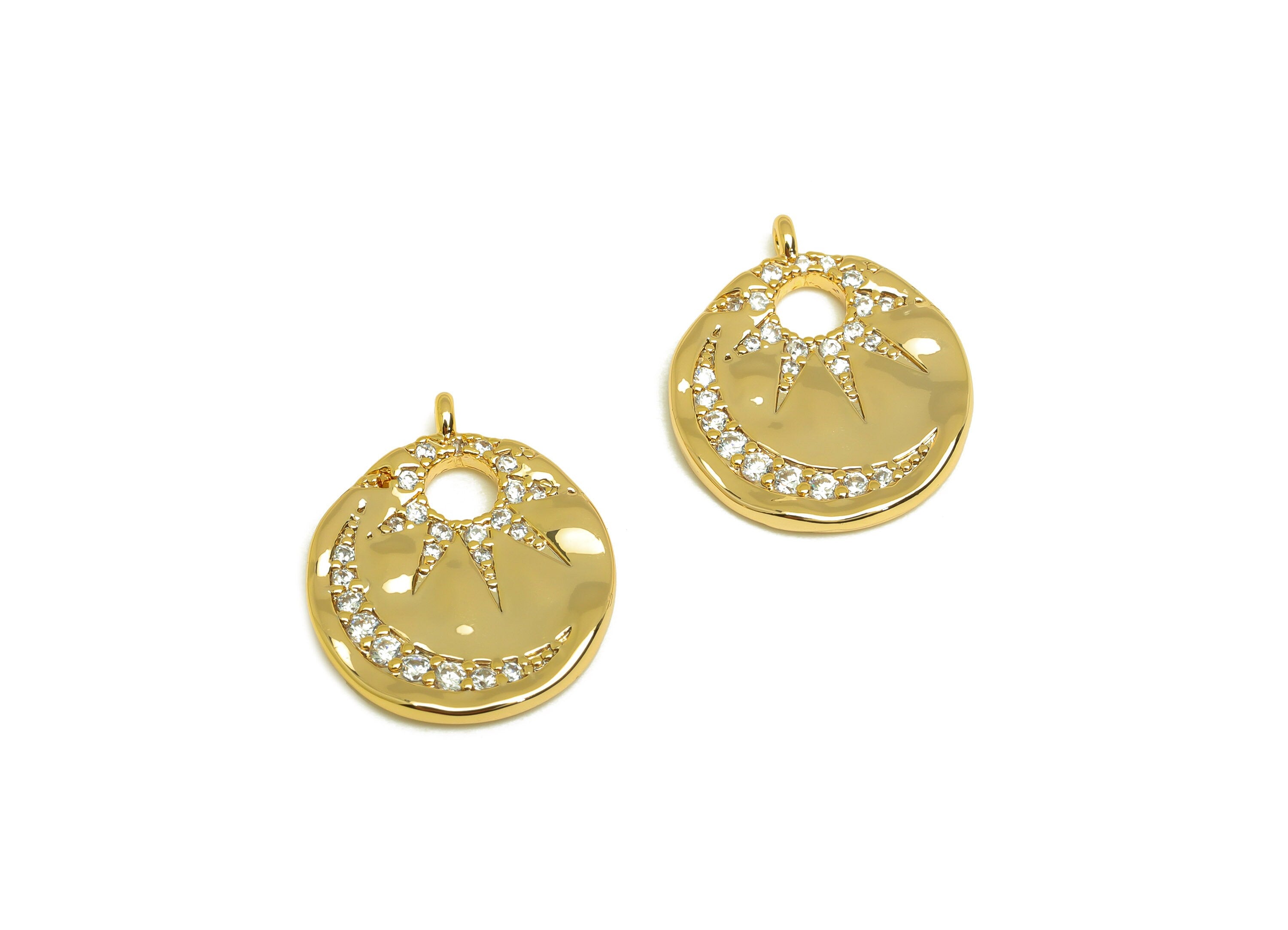 Brass CZ Crescent Earring Charm - Brass Sunshine Earring Charms - Brass Cubic Zircon Pendant - 18K Real Gold Plating - 20x16x2mm - RGP6821 - DOMEDBAZAAR