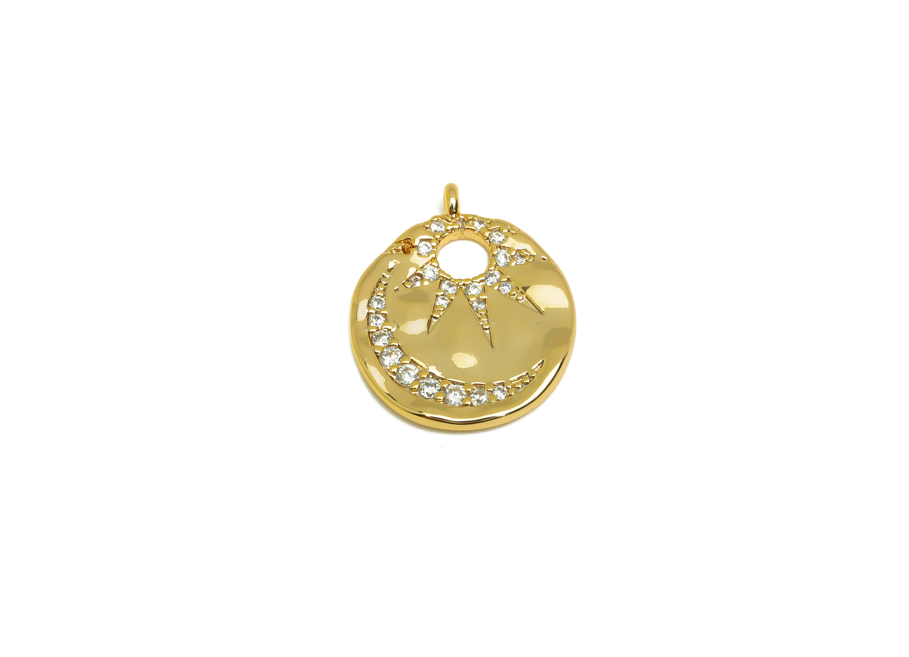 Brass CZ Crescent Earring Charm - Brass Sunshine Earring Charms - Brass Cubic Zircon Pendant - 18K Real Gold Plating - 20x16x2mm - RGP6821 - DOMEDBAZAAR