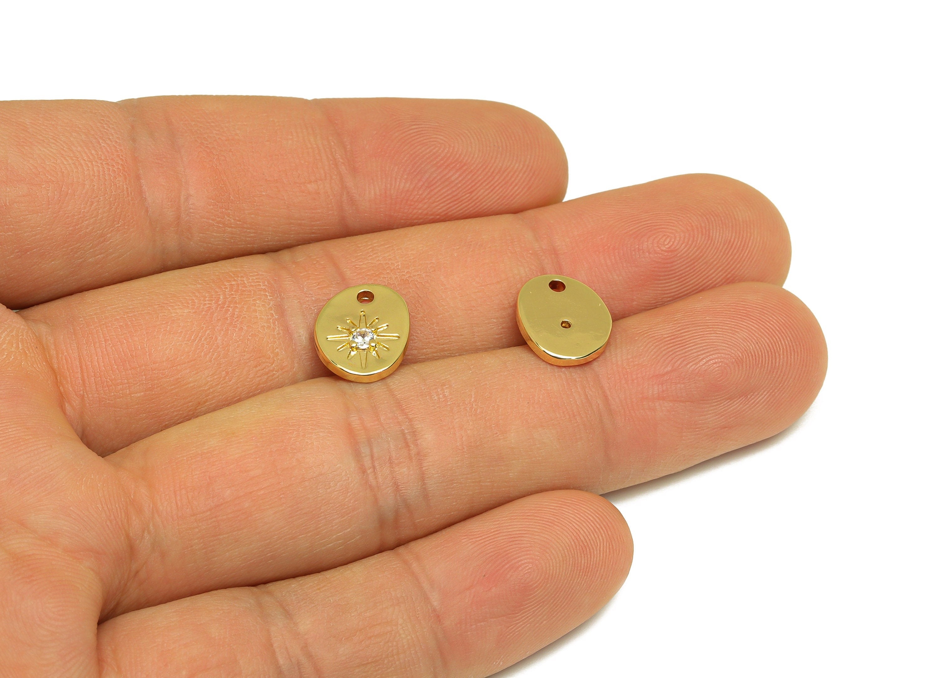 Brass CZ Star Earring Charm - Brass Oval North Star Earring Charms - Brass Cubic Zircon Pendant - 18K Real Gold Plating - 12x9x2mm - RGP6827 - DOMEDBAZAAR