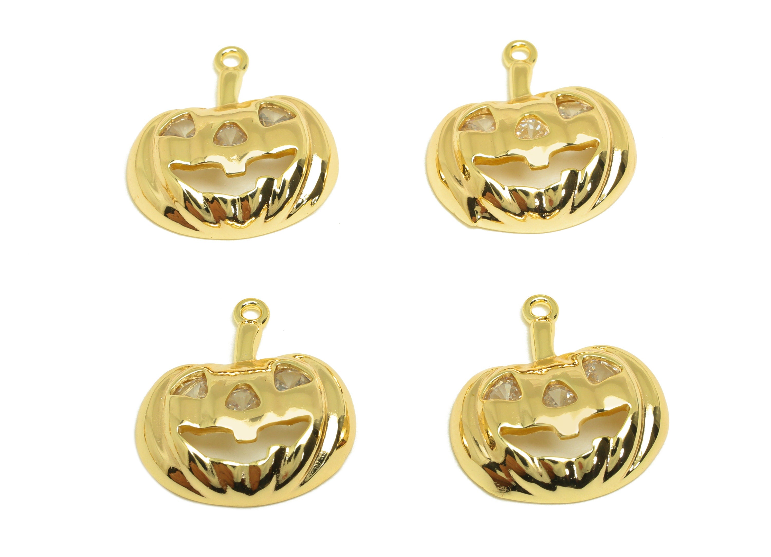 Brass CZ Pumpkin Earring Charm - Brass Halloween Earring Charms - Brass Cubic Zircon Pendant - 18K Real Gold Plating - 19.8x17x5mm - RGP6782 - DOMEDBAZAAR
