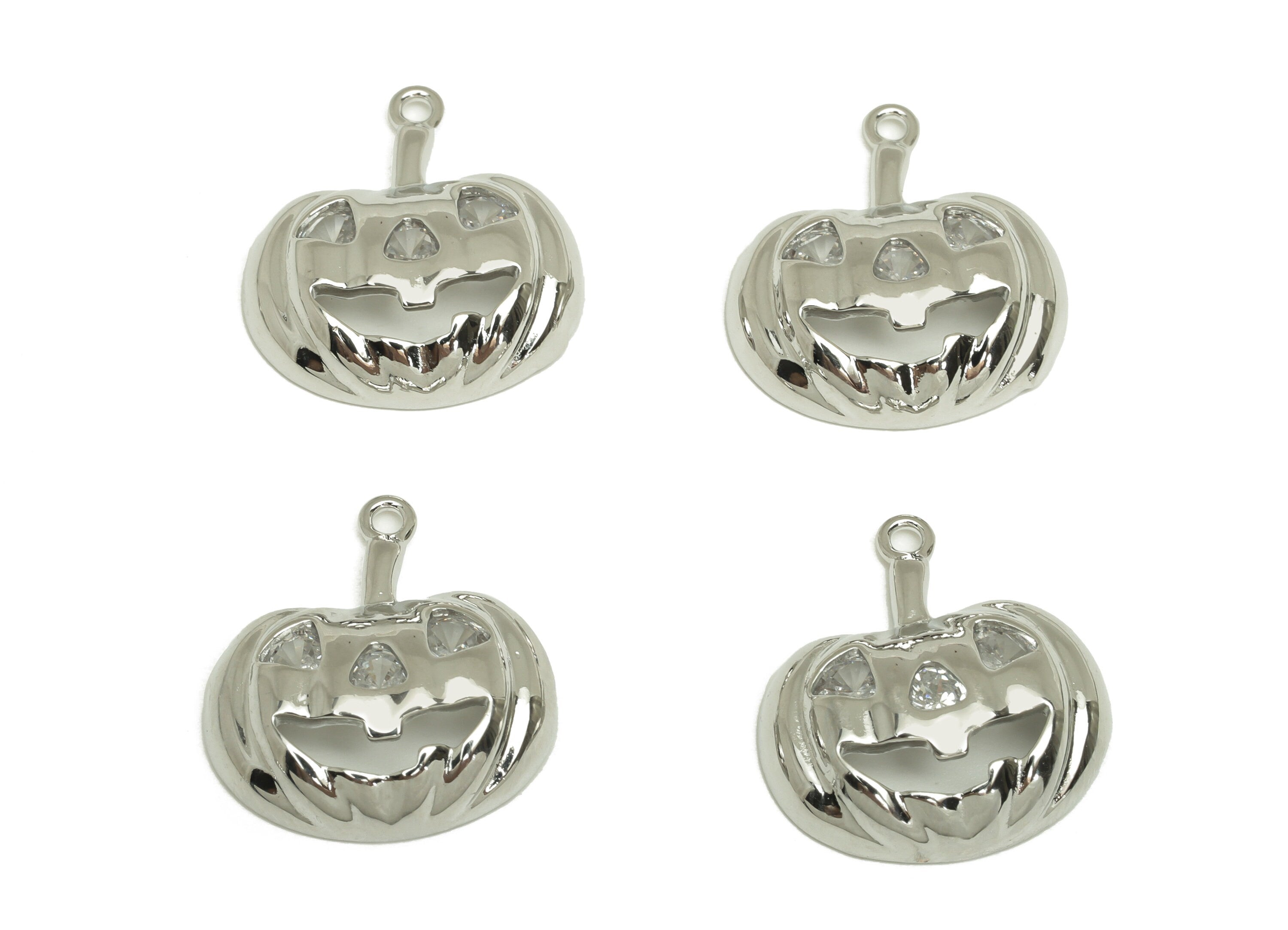 Brass CZ Pumpkin Earring Charm - Brass Halloween Earring Charms - Brass Cubic Zircon Pendant - 18K Real White Plating - 19x17x5mm - RGP6781 - DOMEDBAZAAR