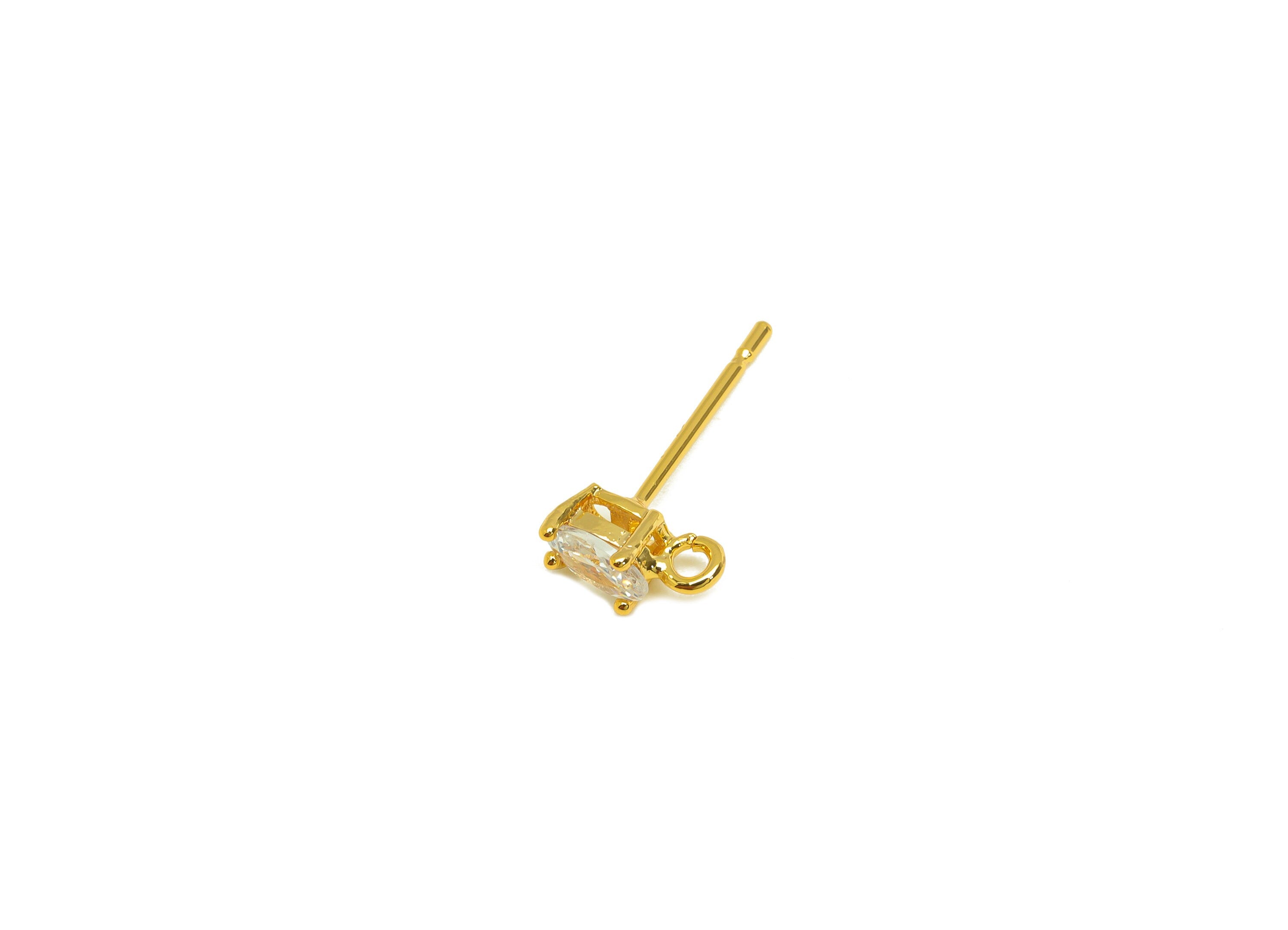 Brass CZ Oval Earring Stud - Brass Cubic Zircon Post With Loop - Brass Zircon Earring Post - 18K Real Gold Plating - 15.8x6.98x3mm - RGP7101 - DOMEDBAZAAR