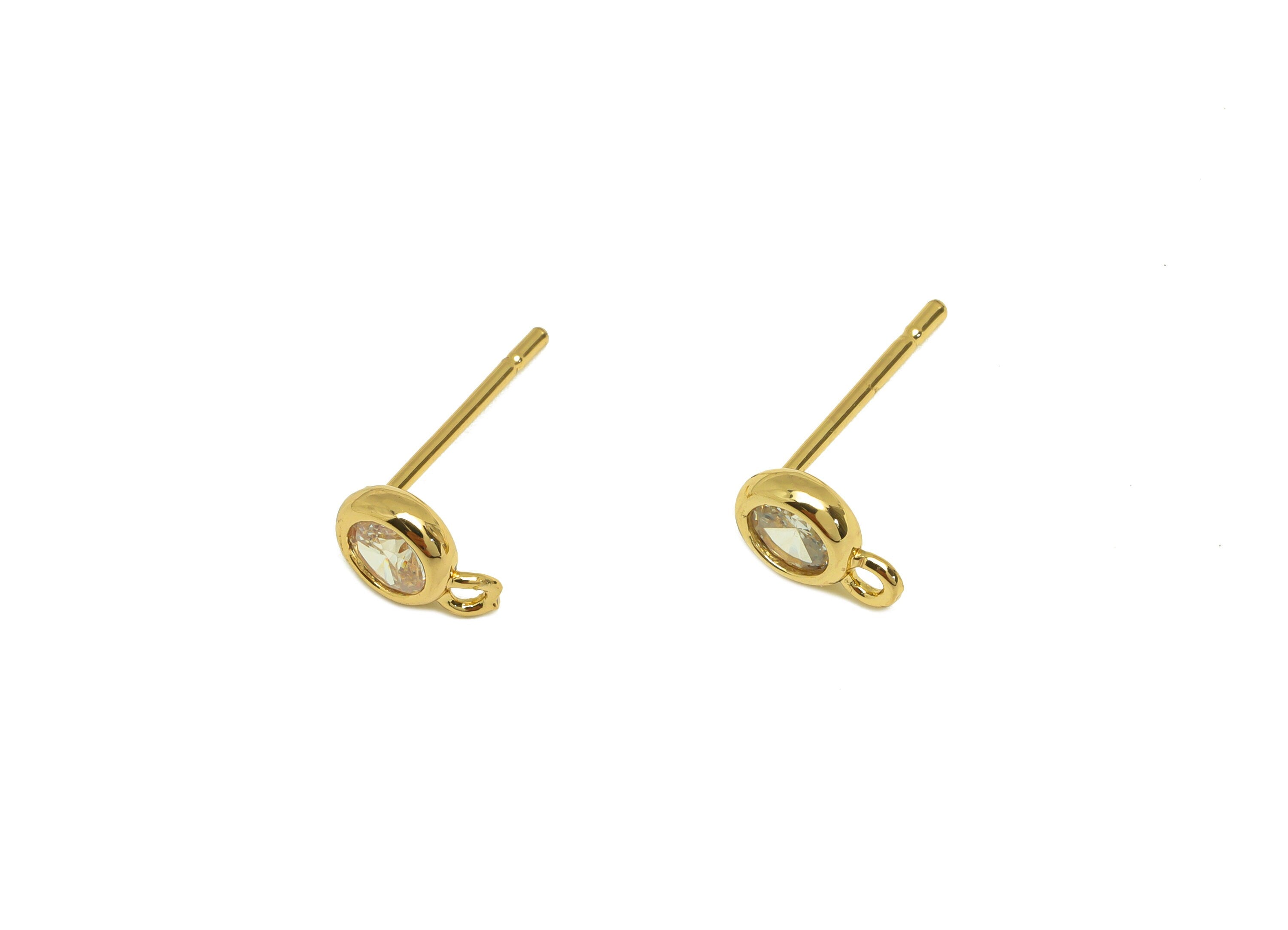 Brass Mini Round Earring Post - Brass Minimalist Cubic Zircon Earring Post With Loop - 18K Real Gold Plating - 13x7.63x5.38mm - RGP7104 - DOMEDBAZAAR