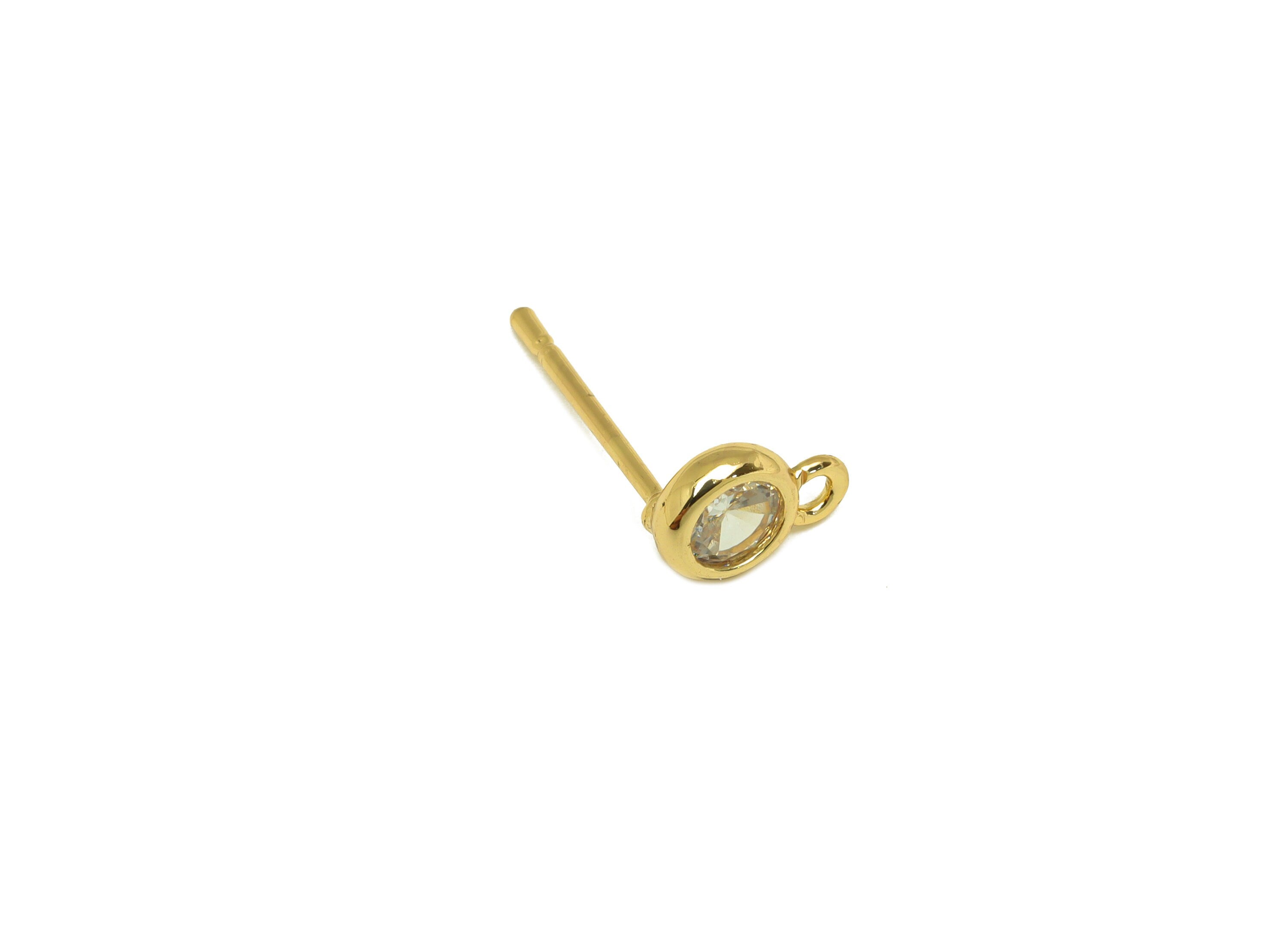 Brass Mini Round Earring Post - Brass Minimalist Cubic Zircon Earring Post With Loop - 18K Real Gold Plating - 13x7.63x5.38mm - RGP7104 - DOMEDBAZAAR
