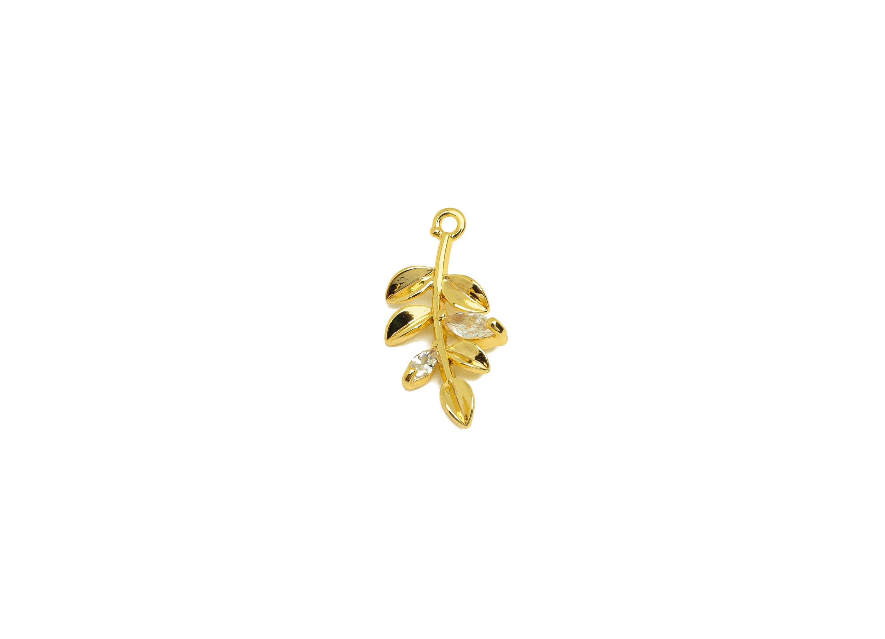 Brass CZ Leaf Earring Charm - Brass Branch Earring Charms - Brass Cubic Zircon Pendant - 18K Real Gold Plating - 17x8x2mm - RGP6793 - DOMEDBAZAAR