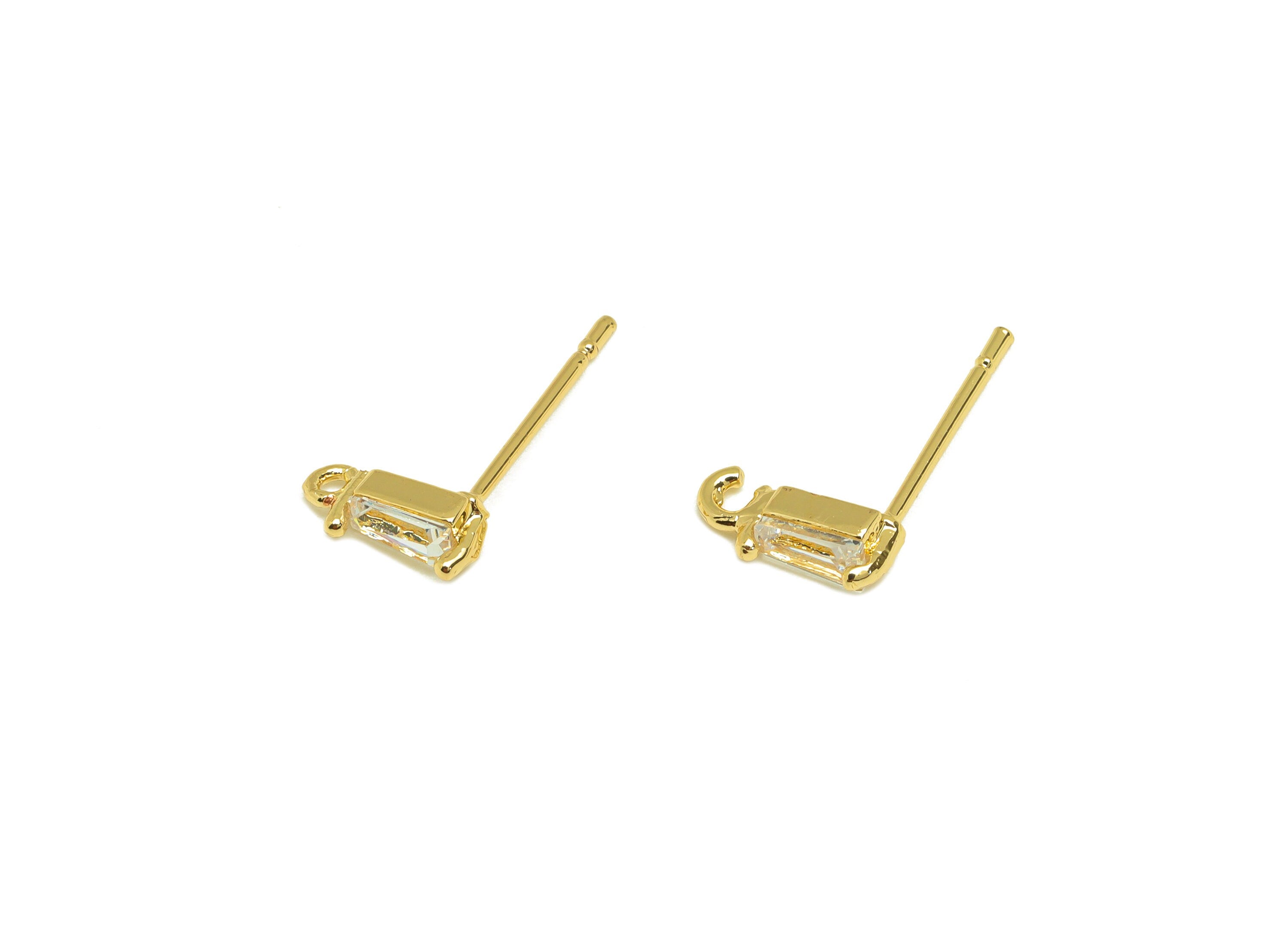Brass CZ Rectangle Earring Stud - Brass Cubic Zircon Post With Open Loop - Zircon Earring Post - 18K Real Gold Plating - 15x7x3mm - RGP7094 - DOMEDBAZAAR