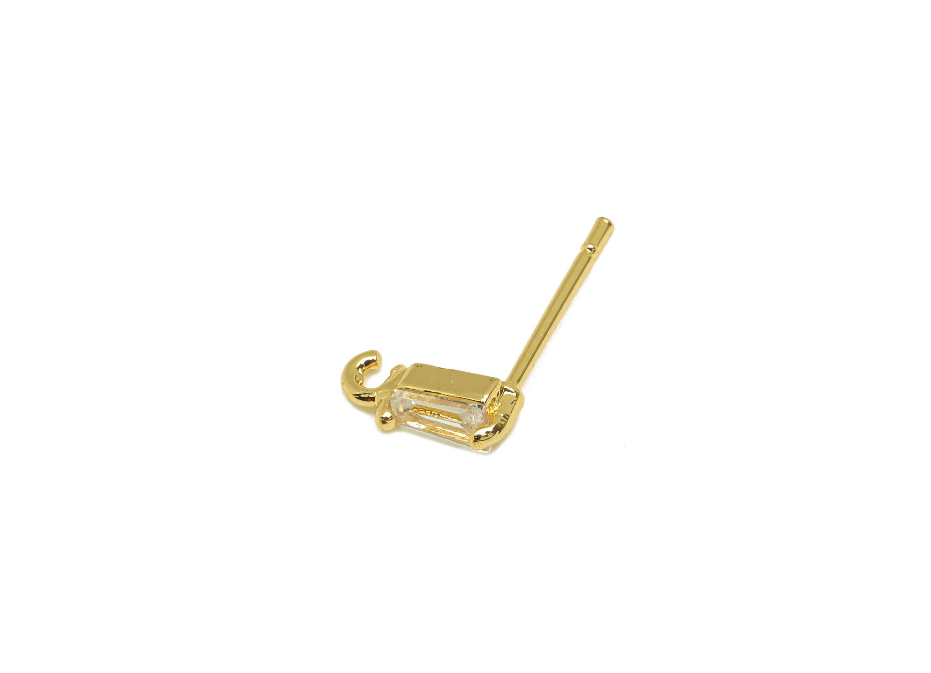Brass CZ Rectangle Earring Stud - Brass Cubic Zircon Post With Open Loop - Zircon Earring Post - 18K Real Gold Plating - 15x7x3mm - RGP7094 - DOMEDBAZAAR