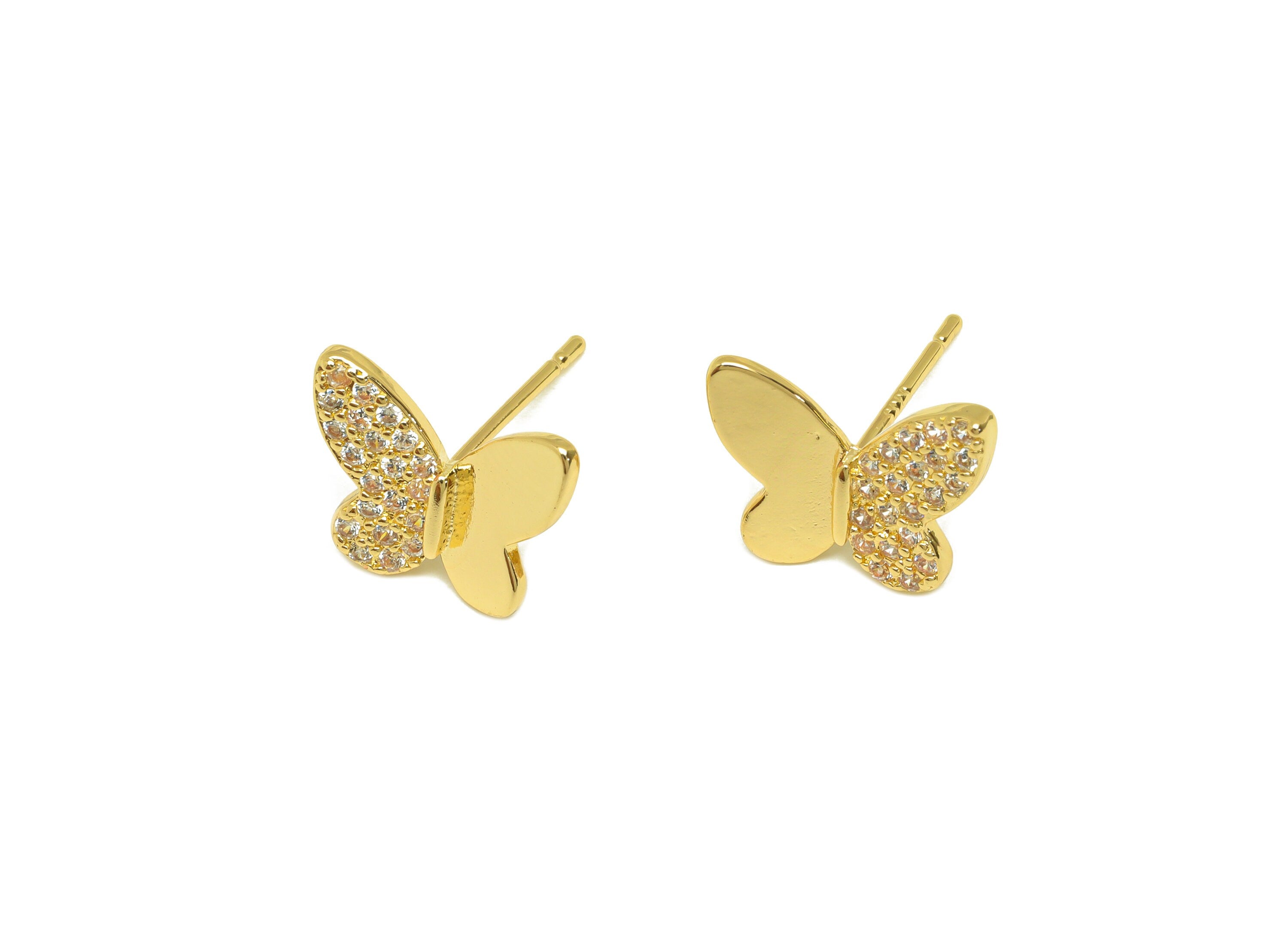 Brass CZ Butterfly Earring Stud - Brass Cubic Zircon Post - Brass CZ Butterfly Earring Post - 18K Real Gold Plating - 13x11x1.63mm - RGP7091 - DOMEDBAZAAR