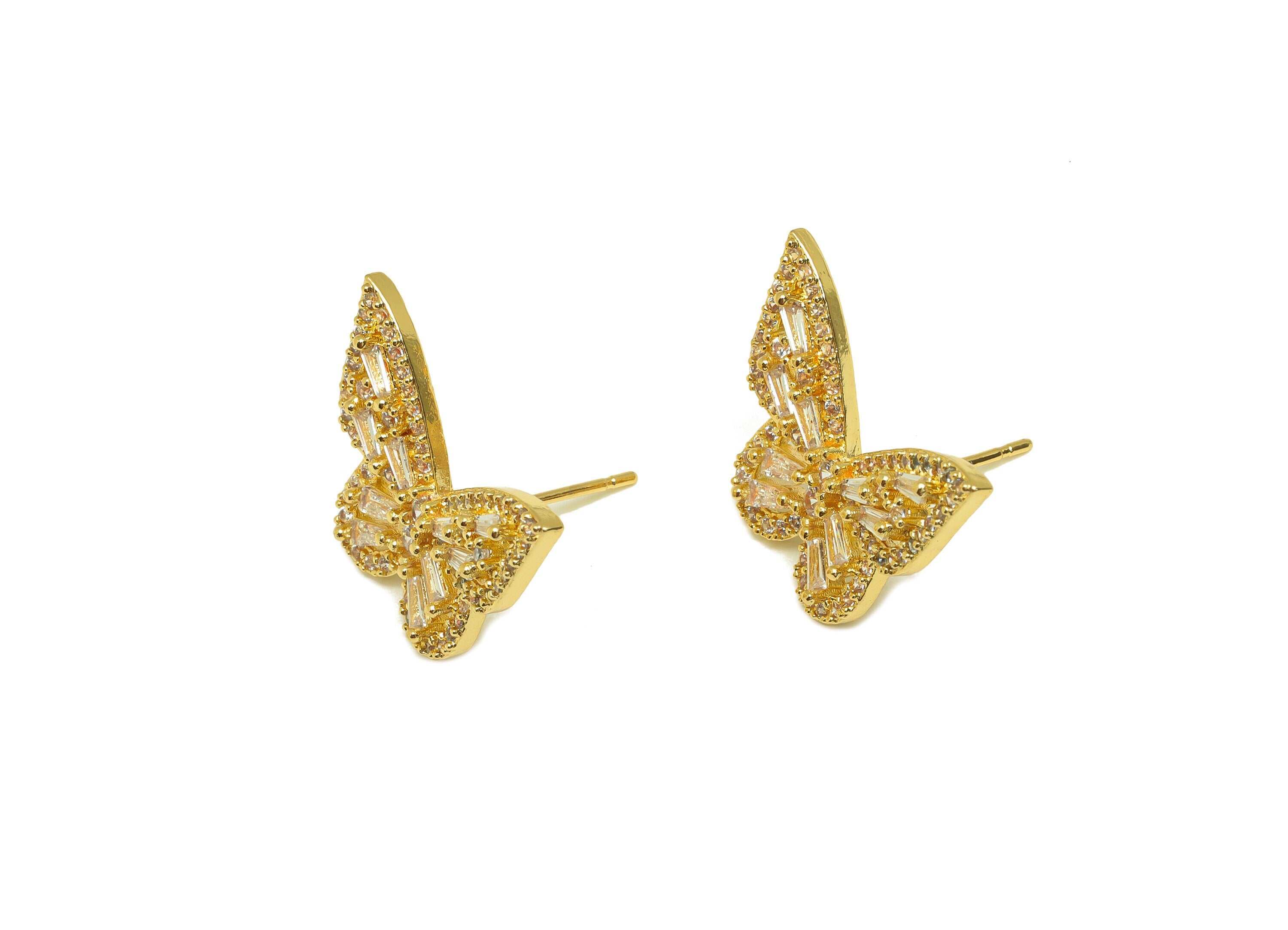 Brass CZ Butterfly Earring Stud - Brass Cubic Zircon Post - Brass CZ Butterfly Earring Post - 18K Real Gold Plating - 20.7x16x3mm - RGP7093 - DOMEDBAZAAR