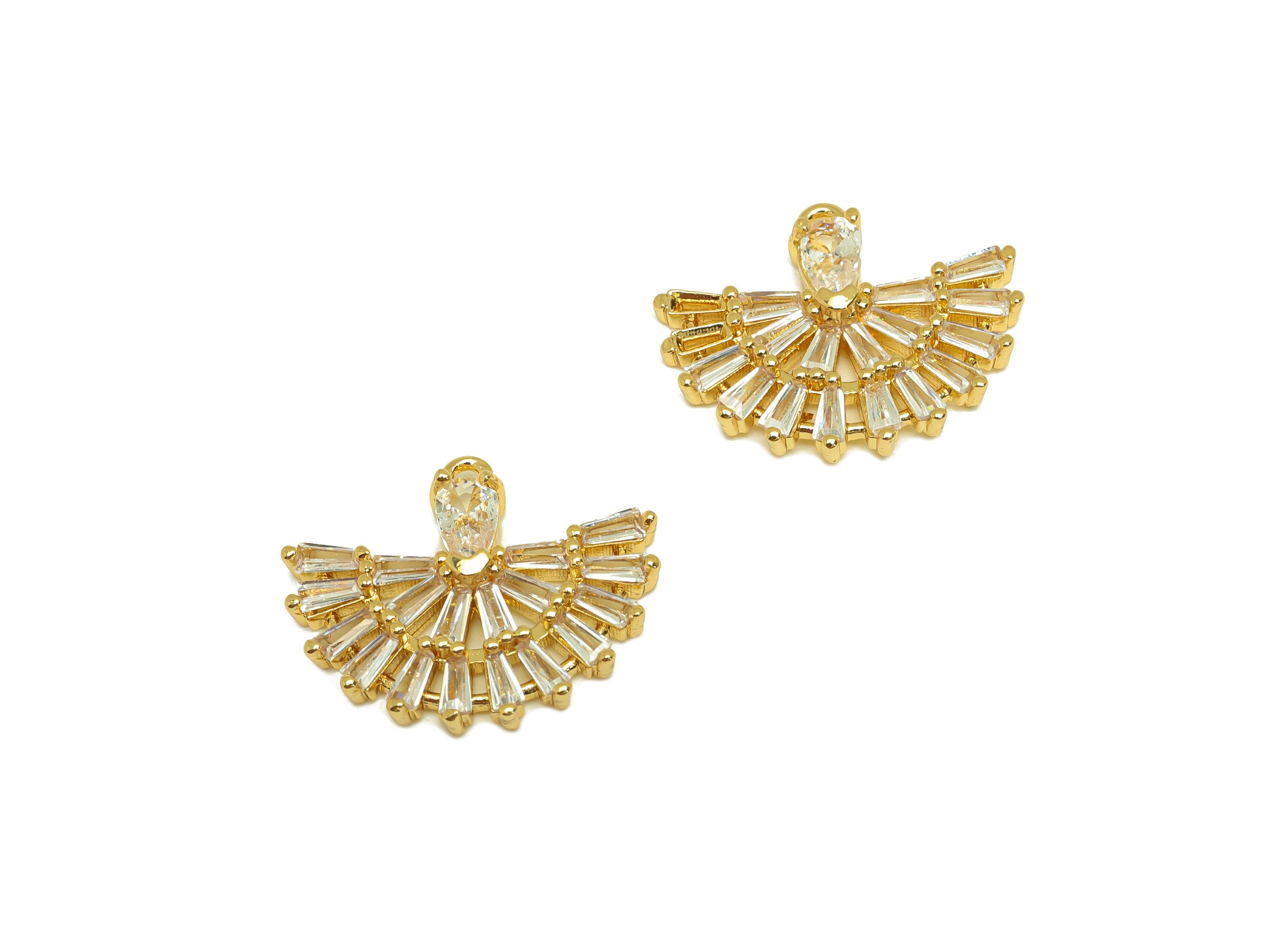 Brass CZ Fan Earring Charm - Brass Teardrop Cubic Zircon Charm - Zircon Earring Charm - 18K Real Gold Plating - 17.86x14.76x3mm - RGP7083 - DOMEDBAZAAR