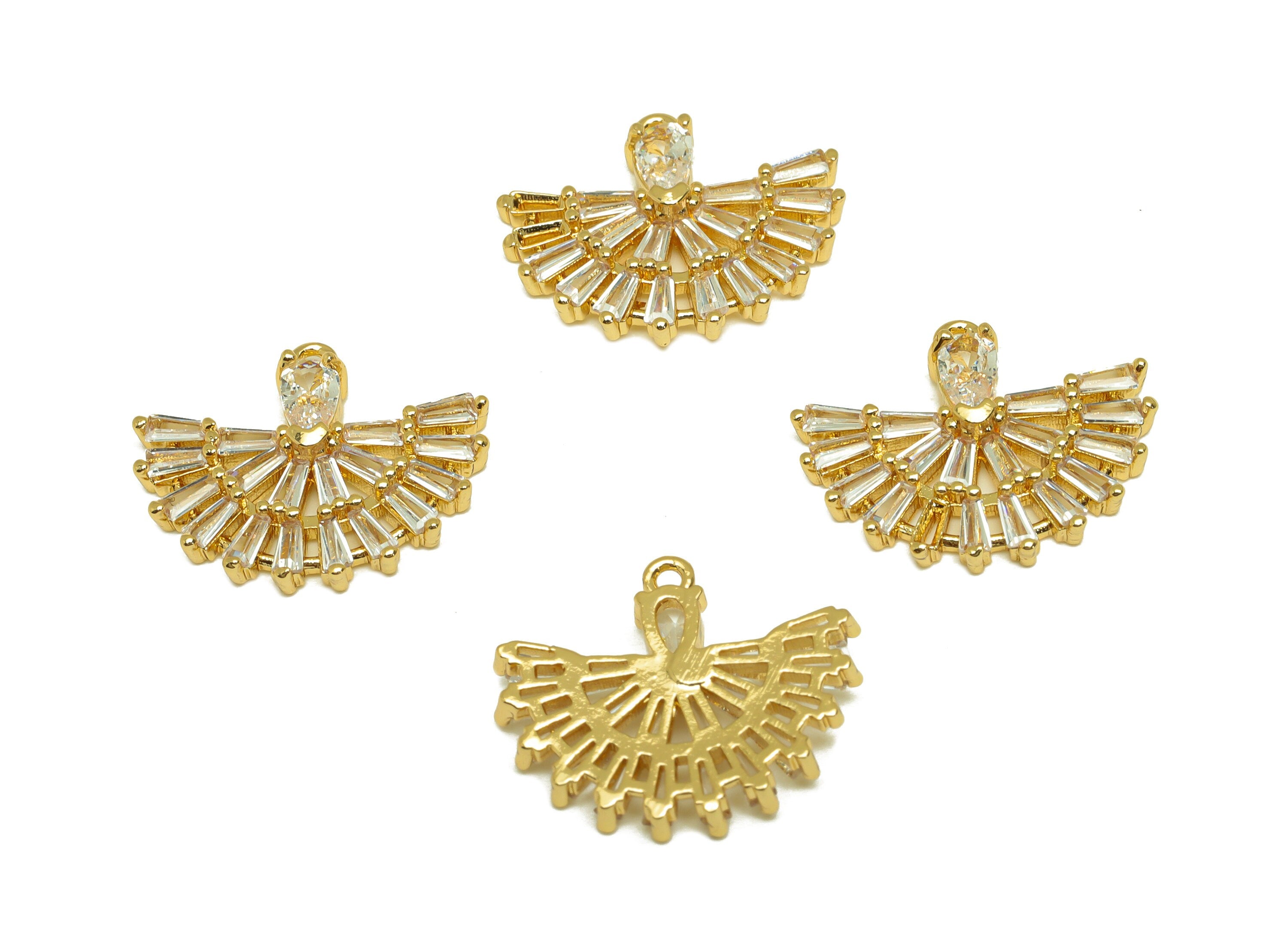Brass CZ Fan Earring Charm - Brass Teardrop Cubic Zircon Charm - Zircon Earring Charm - 18K Real Gold Plating - 17.86x14.76x3mm - RGP7083 - DOMEDBAZAAR