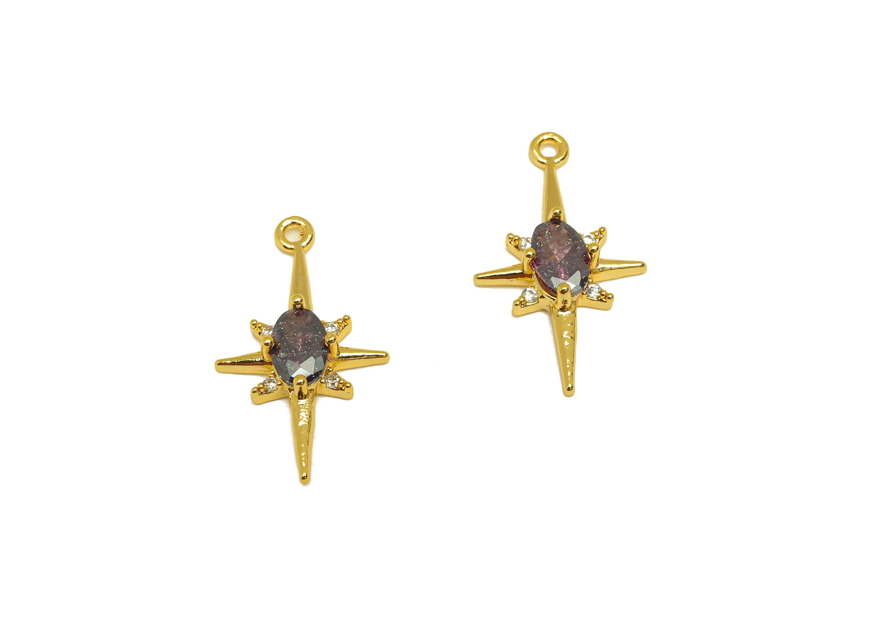Brass CZ Star Earring Charm - Brass Purple Cubic Zircon Charm - North Star Earring Charm - 18K Real Gold Plating - 21.1x12.17x3mm - RGP7089 - DOMEDBAZAAR