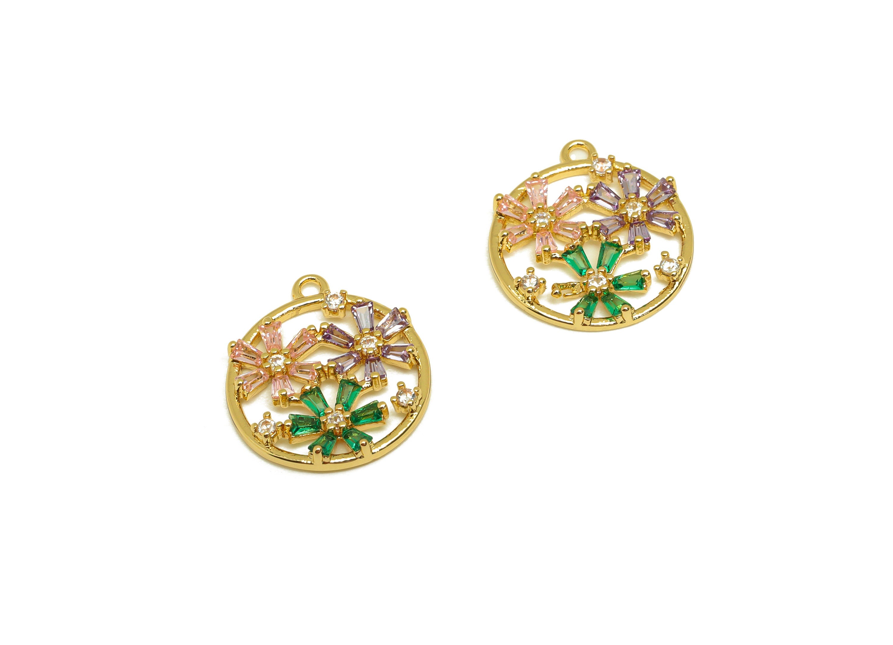 Brass CZ Flower Earring Charm - Brass Round Cubic Zircon Charm - Rainbow Earring Charm - 18K Real Gold Plating - 21.1x12.17x3mm - RGP7088 - DOMEDBAZAAR