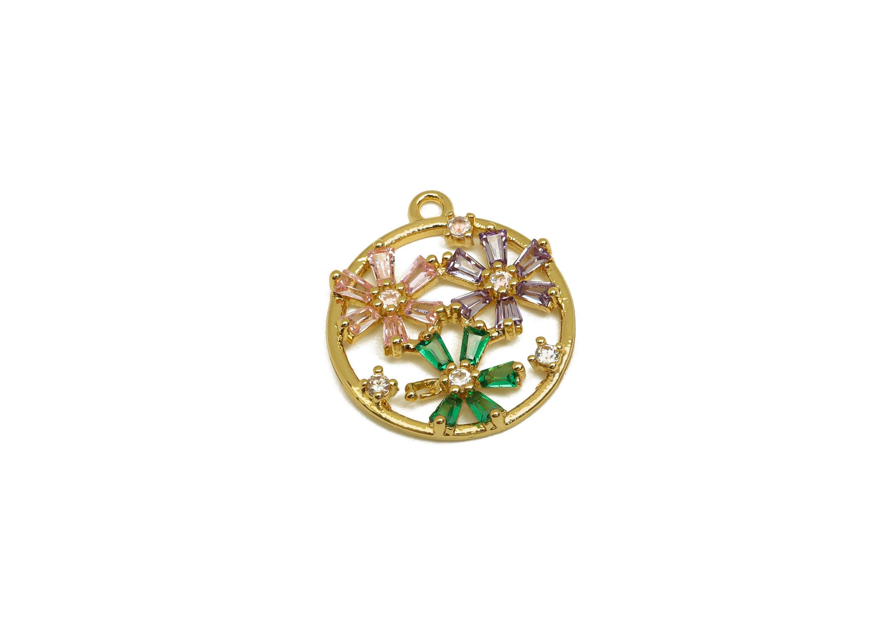 Brass CZ Flower Earring Charm - Brass Round Cubic Zircon Charm - Rainbow Earring Charm - 18K Real Gold Plating - 21.1x12.17x3mm - RGP7088 - DOMEDBAZAAR