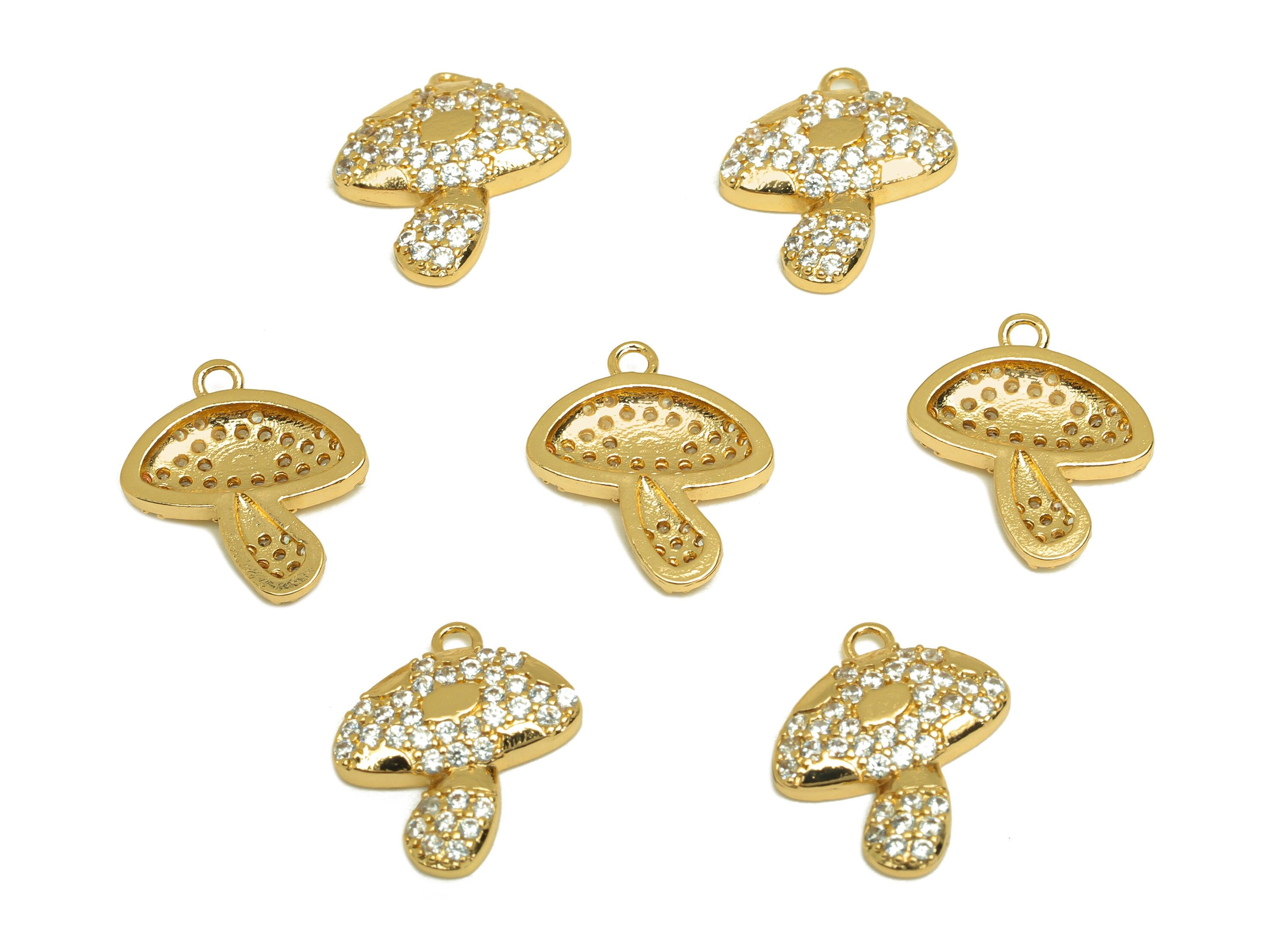 Brass CZ Mushroom Earring Charm - Brass Textured Earring Charms - Brass Cubic Zircon Pendant - 18K Real Gold Plating - 14x12x2.5mm - RGP6809 - DOMEDBAZAAR