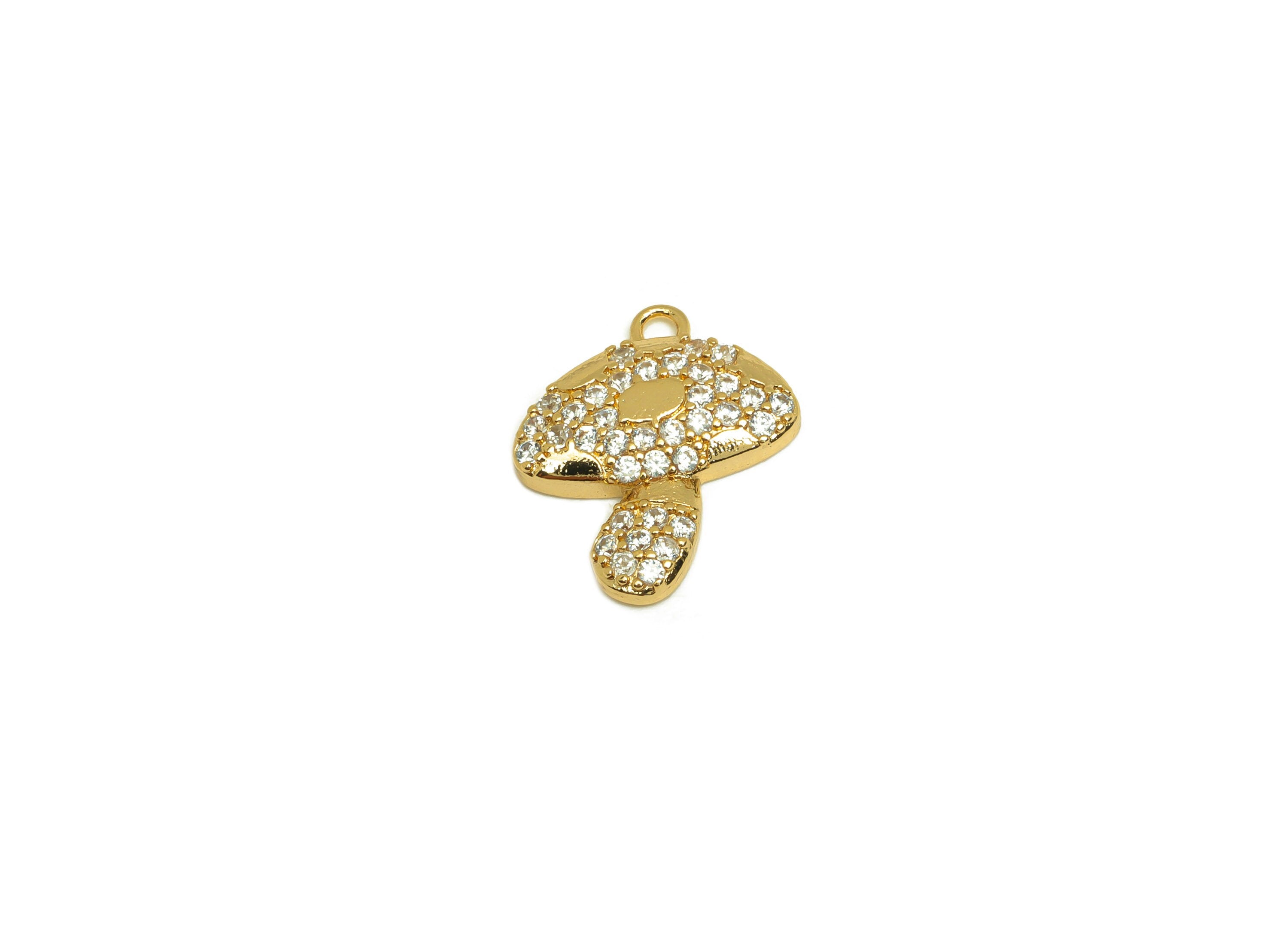 Brass CZ Mushroom Earring Charm - Brass Textured Earring Charms - Brass Cubic Zircon Pendant - 18K Real Gold Plating - 14x12x2.5mm - RGP6809 - DOMEDBAZAAR