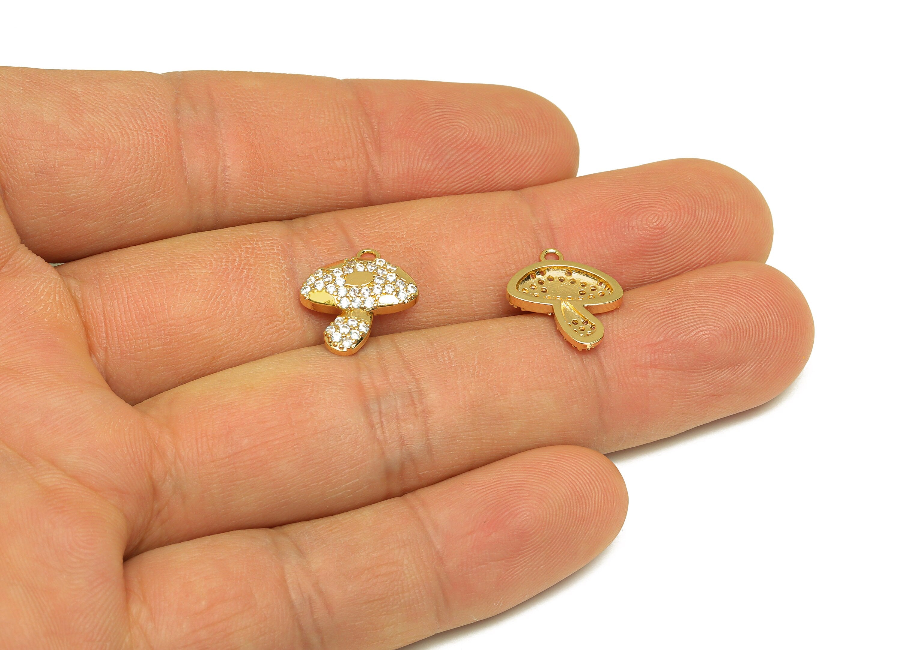 Brass CZ Mushroom Earring Charm - Brass Textured Earring Charms - Brass Cubic Zircon Pendant - 18K Real Gold Plating - 14x12x2.5mm - RGP6809 - DOMEDBAZAAR