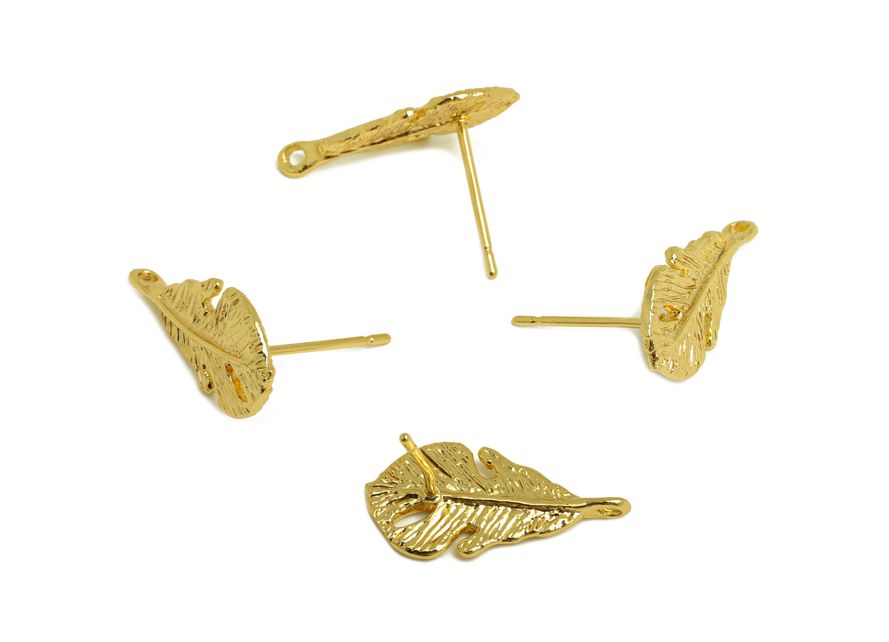 Brass Feather Earring Stud - Brass Textured Feather Earring Post - Earring Post With Loop - 18K Real Gold Plating - 18.31x9x0.7mm - RGP6795 - DOMEDBAZAAR