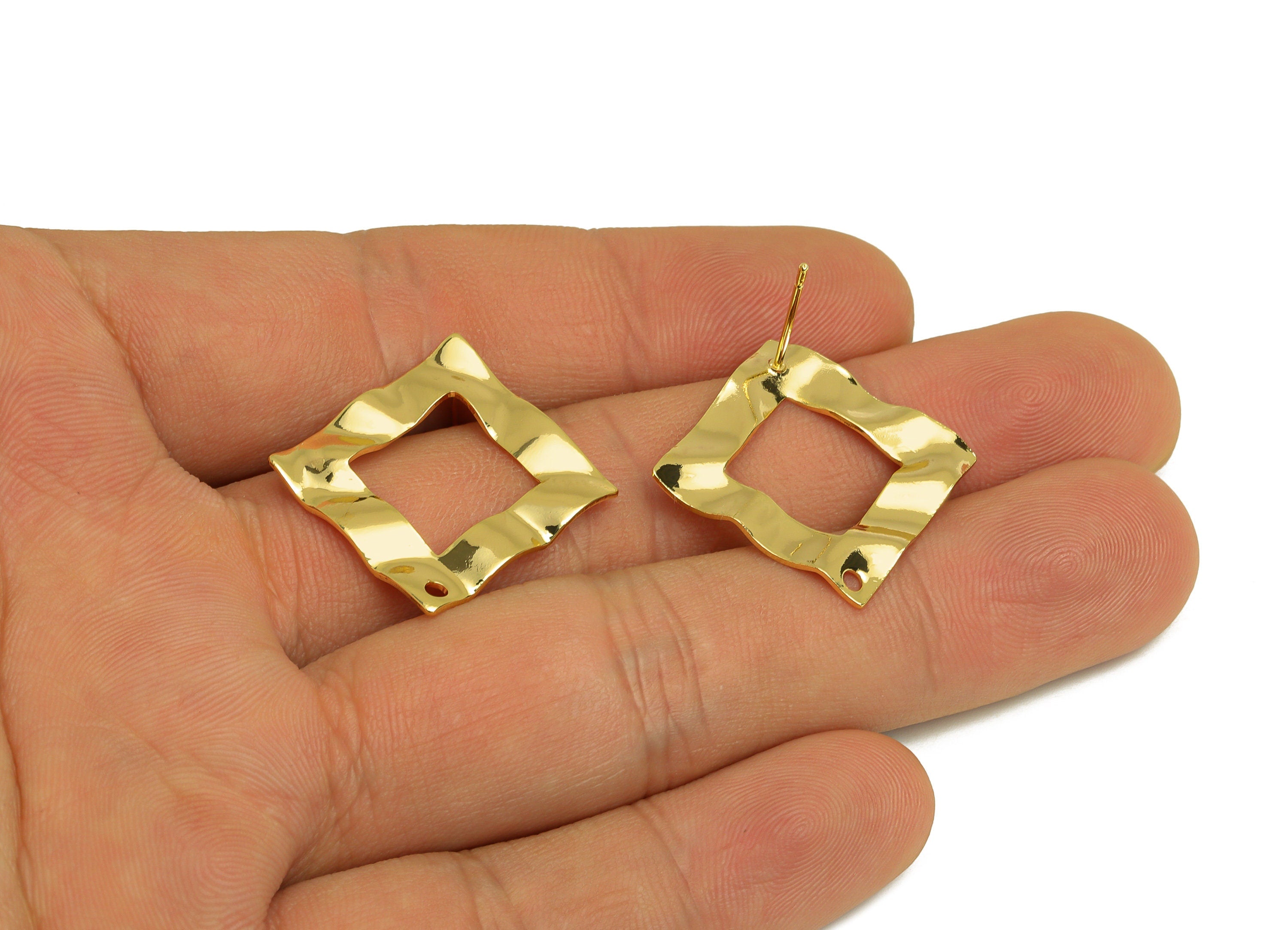 Brass Square Earring Stud - Brass Wavy Square Earring Post - Earring Post With Hole - 18K Real Gold Plating - 20.42x20.42x0.7mm - RGP6792 - DOMEDBAZAAR