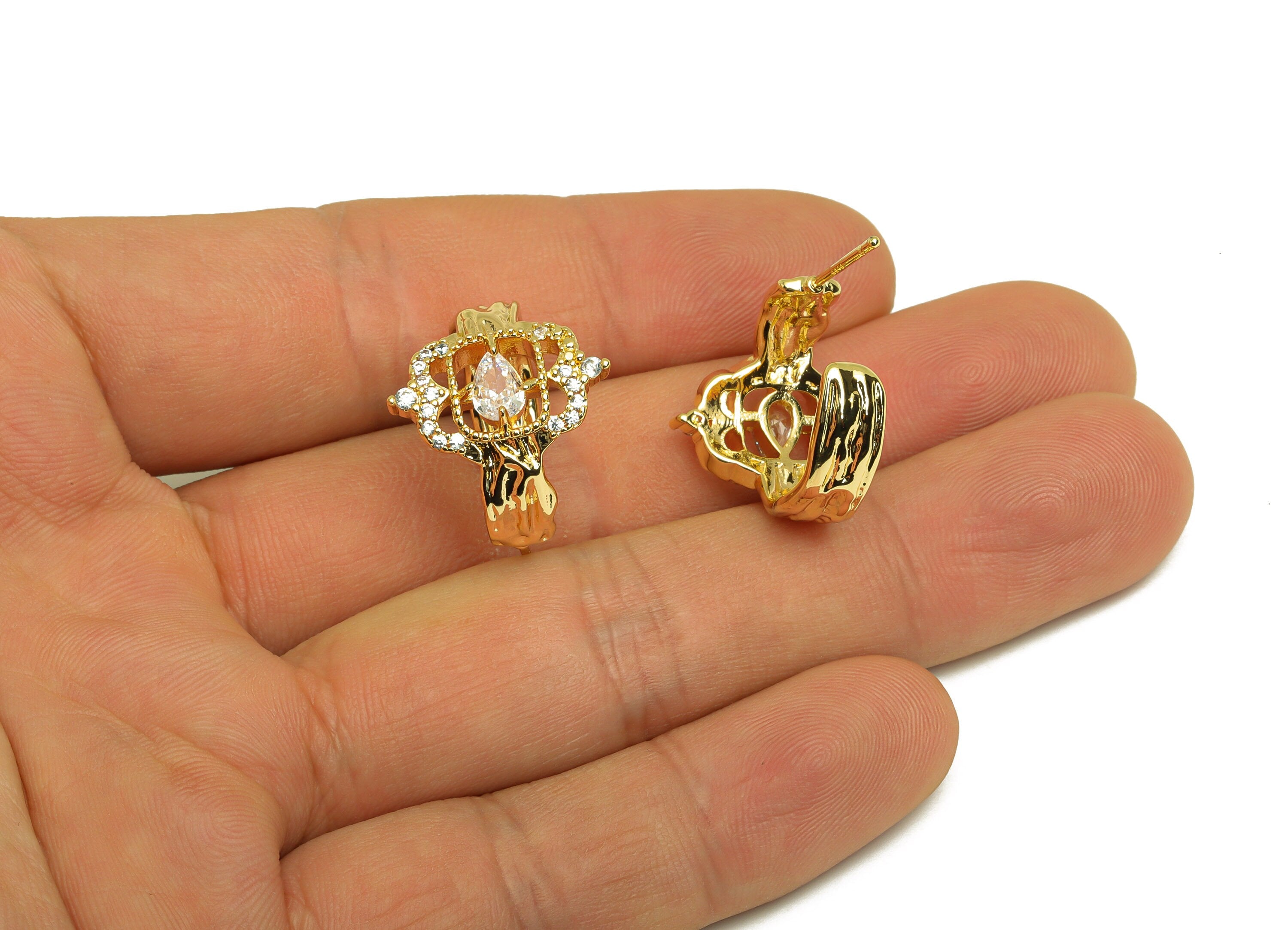 Brass Dorp Earring Stud - Brass Textured Teardrop Earring Post - Brass Cubic Zircon Earring Post - 18K Real Gold Plating - 24x21x1mm-RGP6819 - DOMEDBAZAAR