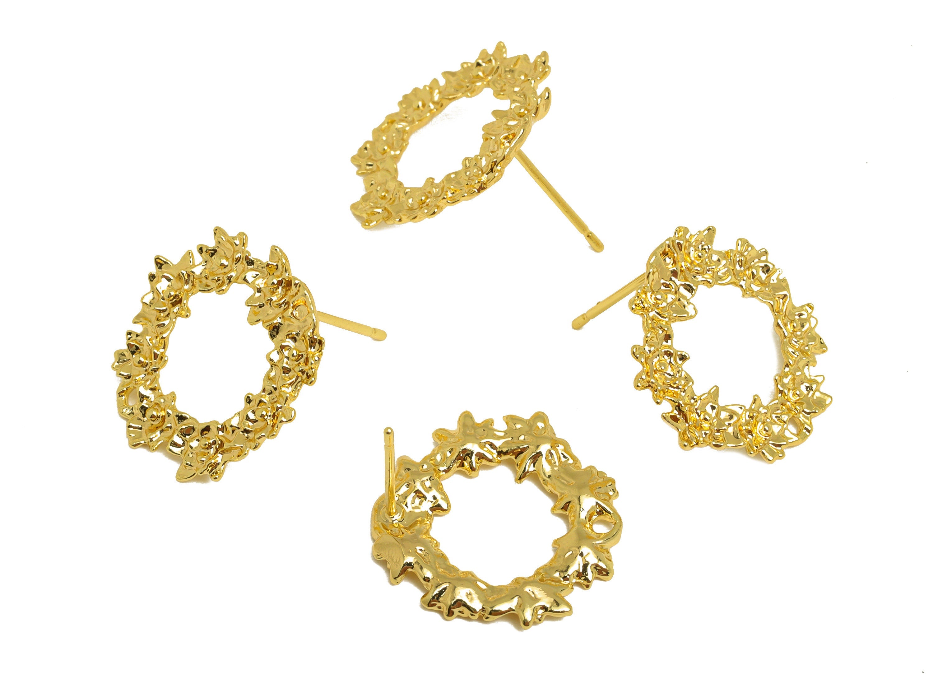 Brass Wreath Earring Stud - Brass Textured Round Earring Post - Brass Earring Post With Hole - 18K Real Gold Plating - 19x18x0.8mm - RGP6796 - DOMEDBAZAAR