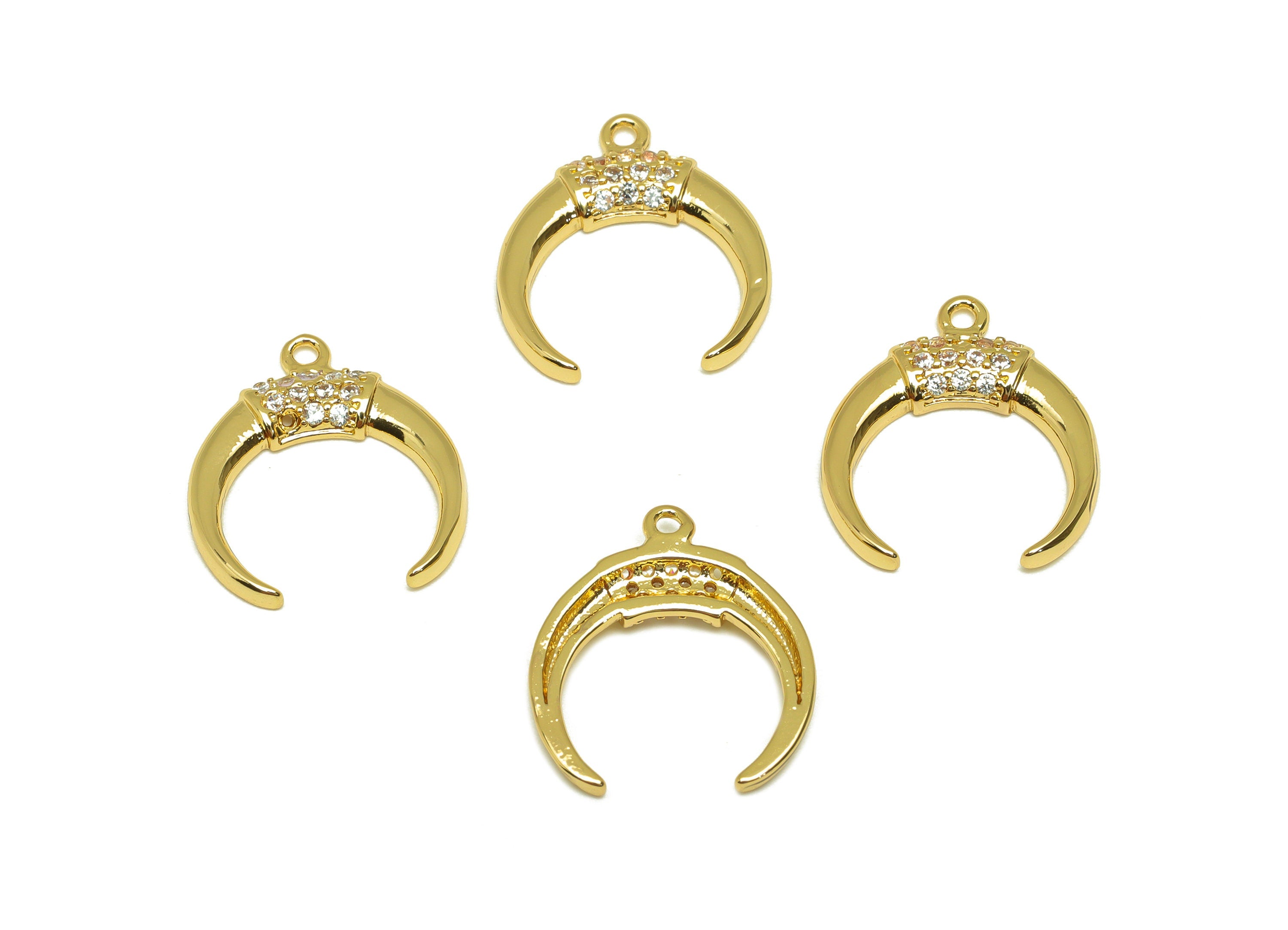 Brass CZ Crescent Earring Charm - Brass Moon Cubic Zircon Charm - Zircon Pendant - 18K Real Gold Plating - 15.8x17.78x2.31mm - RGP7082 - DOMEDBAZAAR