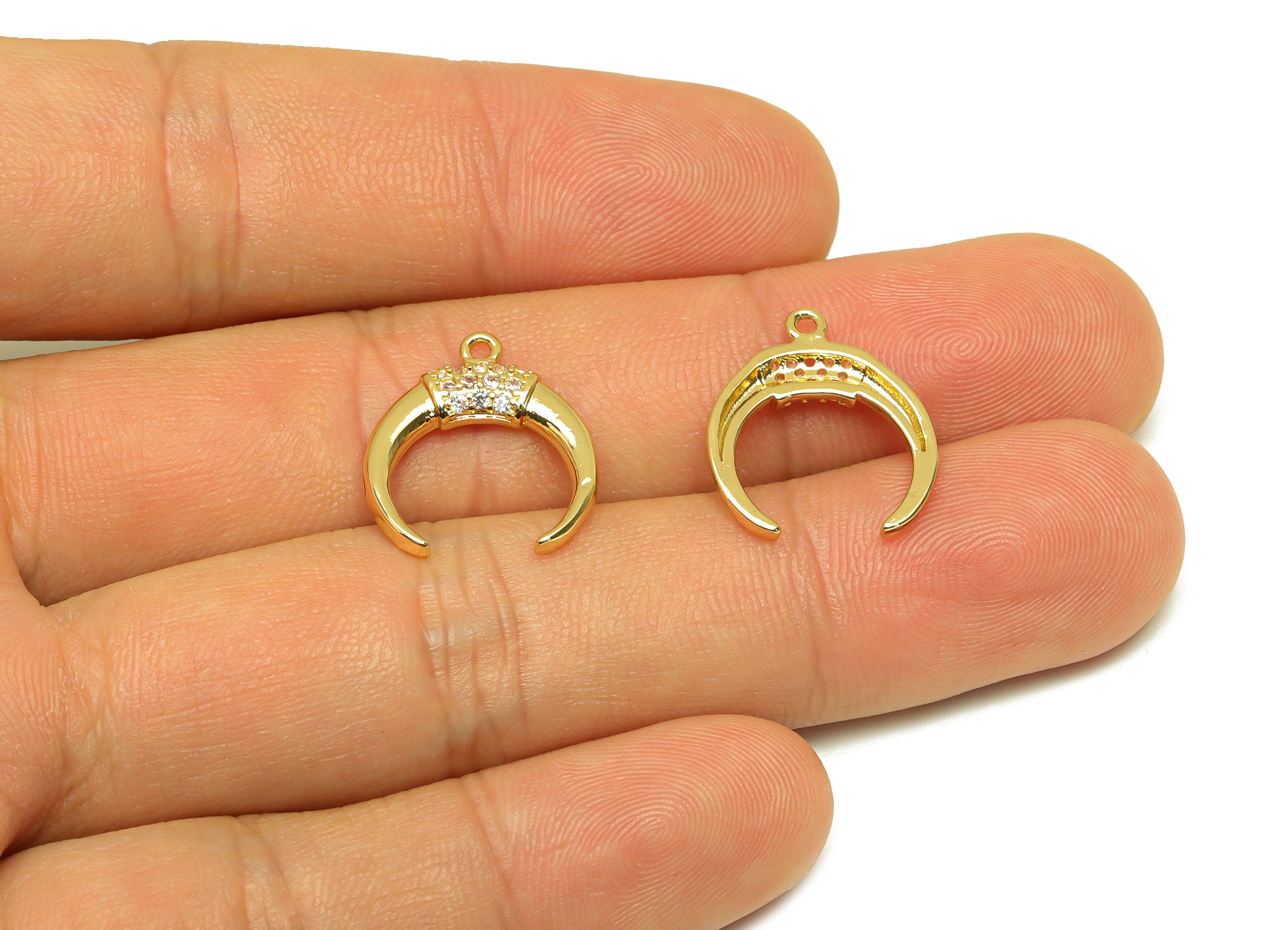 Brass CZ Crescent Earring Charm - Brass Moon Cubic Zircon Charm - Zircon Pendant - 18K Real Gold Plating - 15.8x17.78x2.31mm - RGP7082 - DOMEDBAZAAR