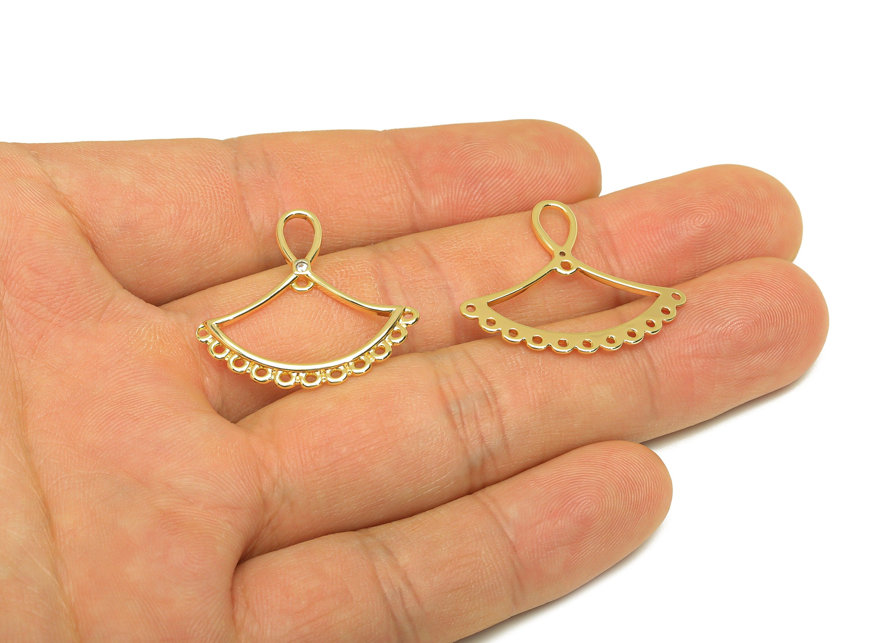 Brass Fan Earring Charm - Brass Teardrop Earring Charm For Tassel - Cubic Zircon Earring Charm - 18K Real Gold Plating - 24x28x1mm - RGP6779 - DOMEDBAZAAR