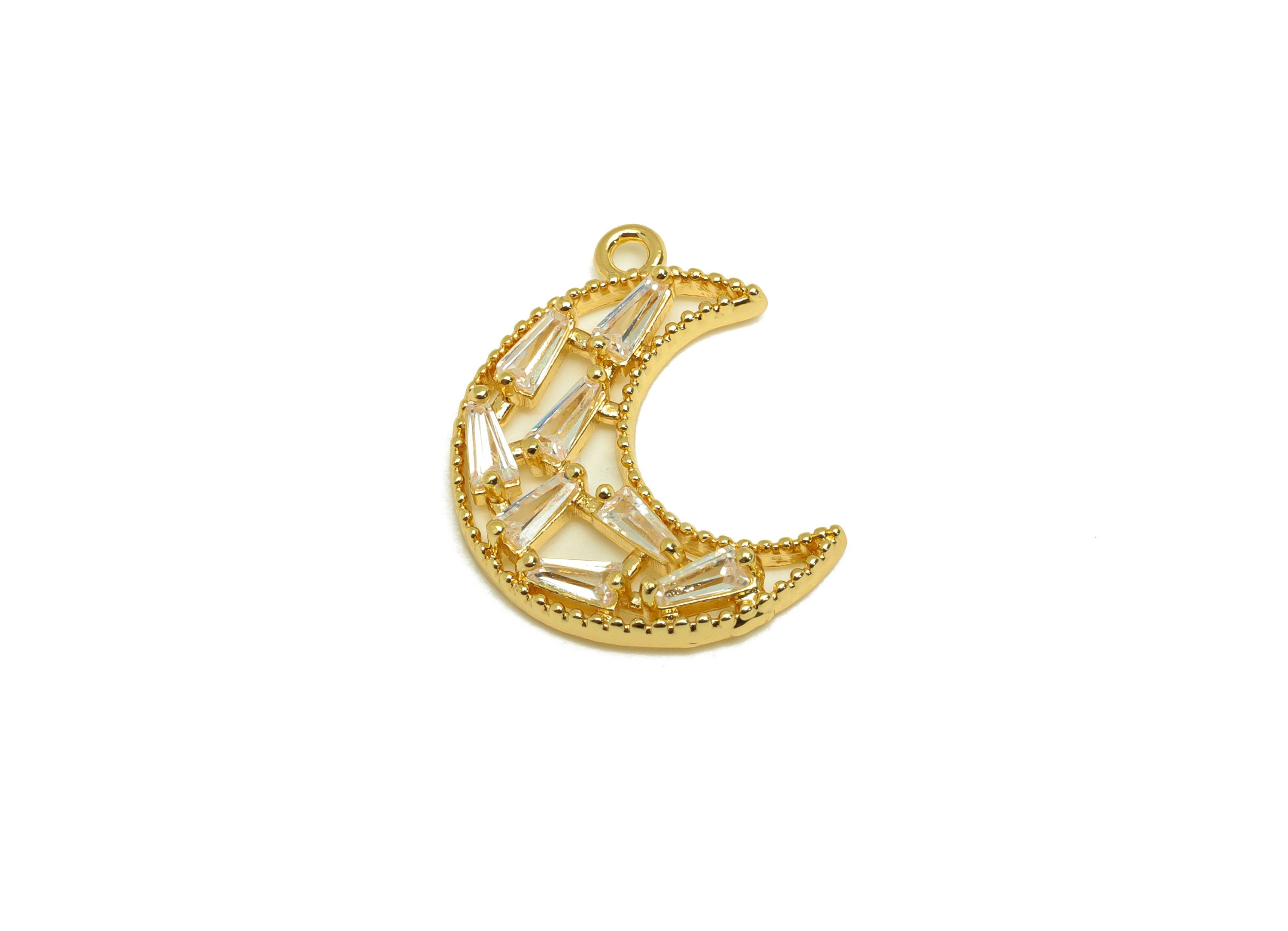 Brass CZ Crescent Earring Charm - Brass Moon Cubic Zircon Charm - Geometry CZ Pendant - 18K Real Gold Plating - 19.8x15x2.84mm - RGP7078 - DOMEDBAZAAR