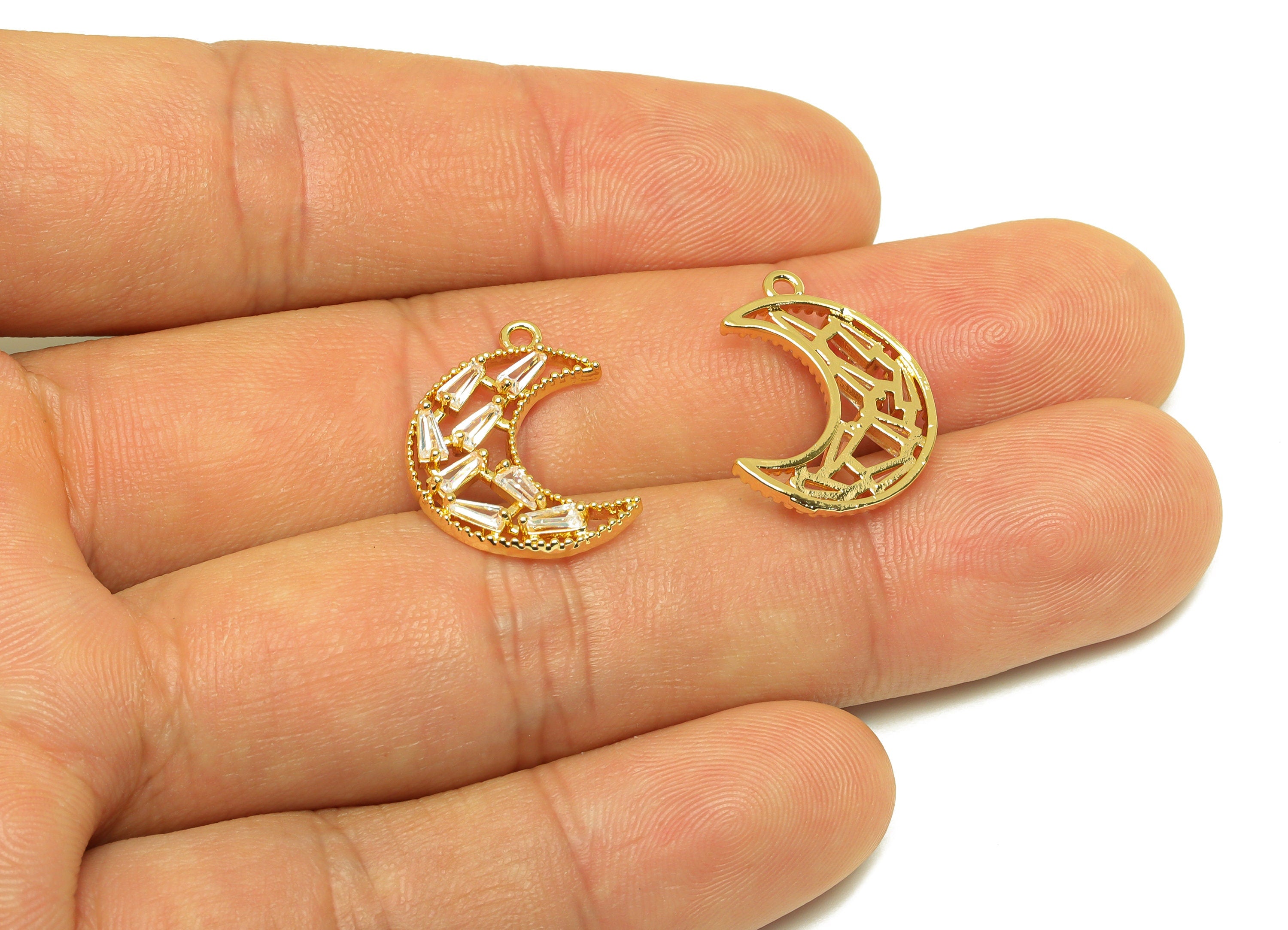 Brass CZ Crescent Earring Charm - Brass Moon Cubic Zircon Charm - Geometry CZ Pendant - 18K Real Gold Plating - 19.8x15x2.84mm - RGP7078 - DOMEDBAZAAR