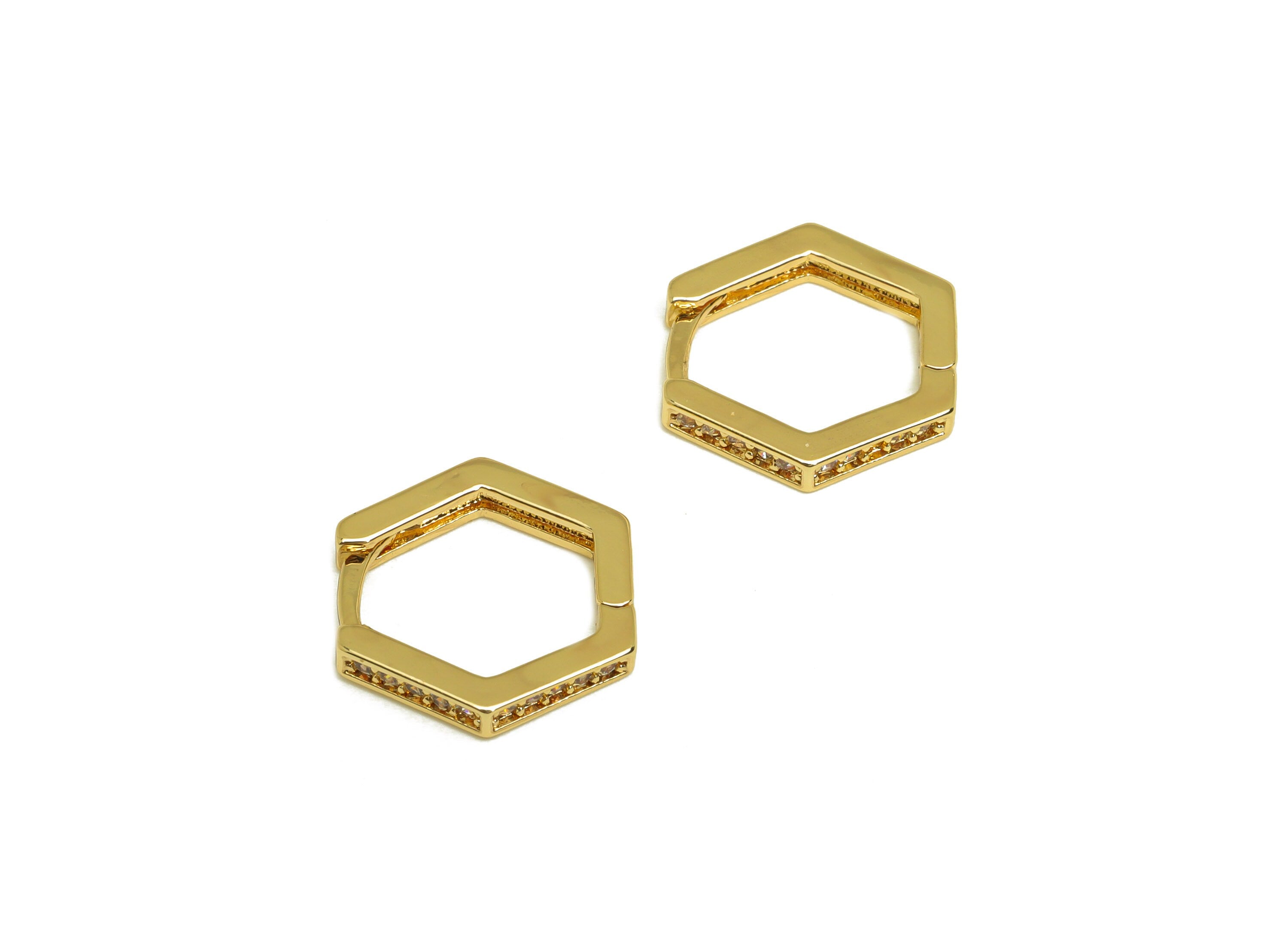 Brass CZ Hoop Earring - Brass Hexagon Hoop Wire Earring Clasp - Zircon Huggie Hoop Earring - 18K Real Gold Plating - 13.53x12x2mm - RGP6815 - DOMEDBAZAAR