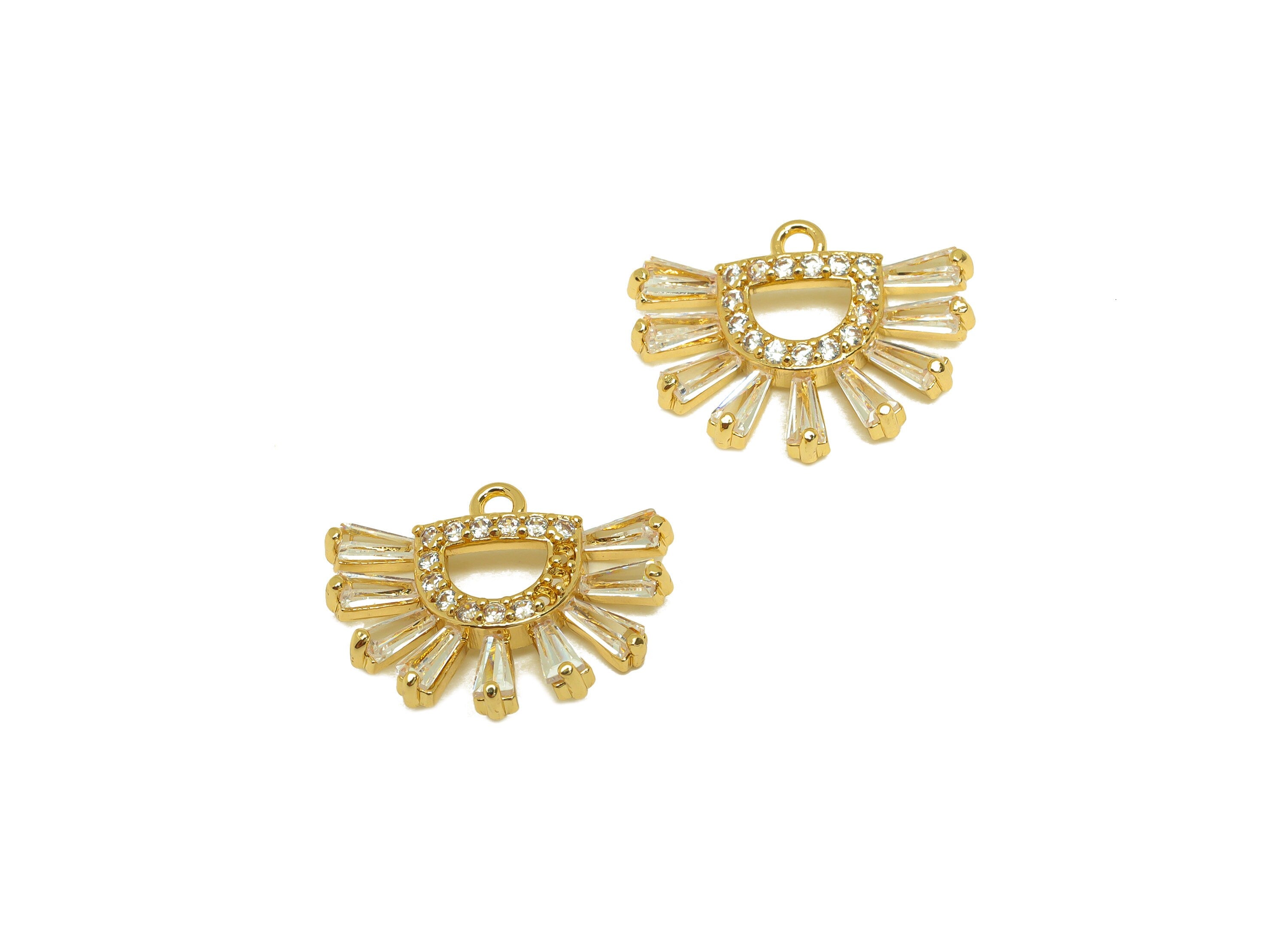 Brass CZ Fan Earring Charm - Brass Domed Cubic Zircon Charm - Zircon Earring Charm - 18K Real Gold Plating - 17.33x13.13x3.45mm - RGP7089 - DOMEDBAZAAR