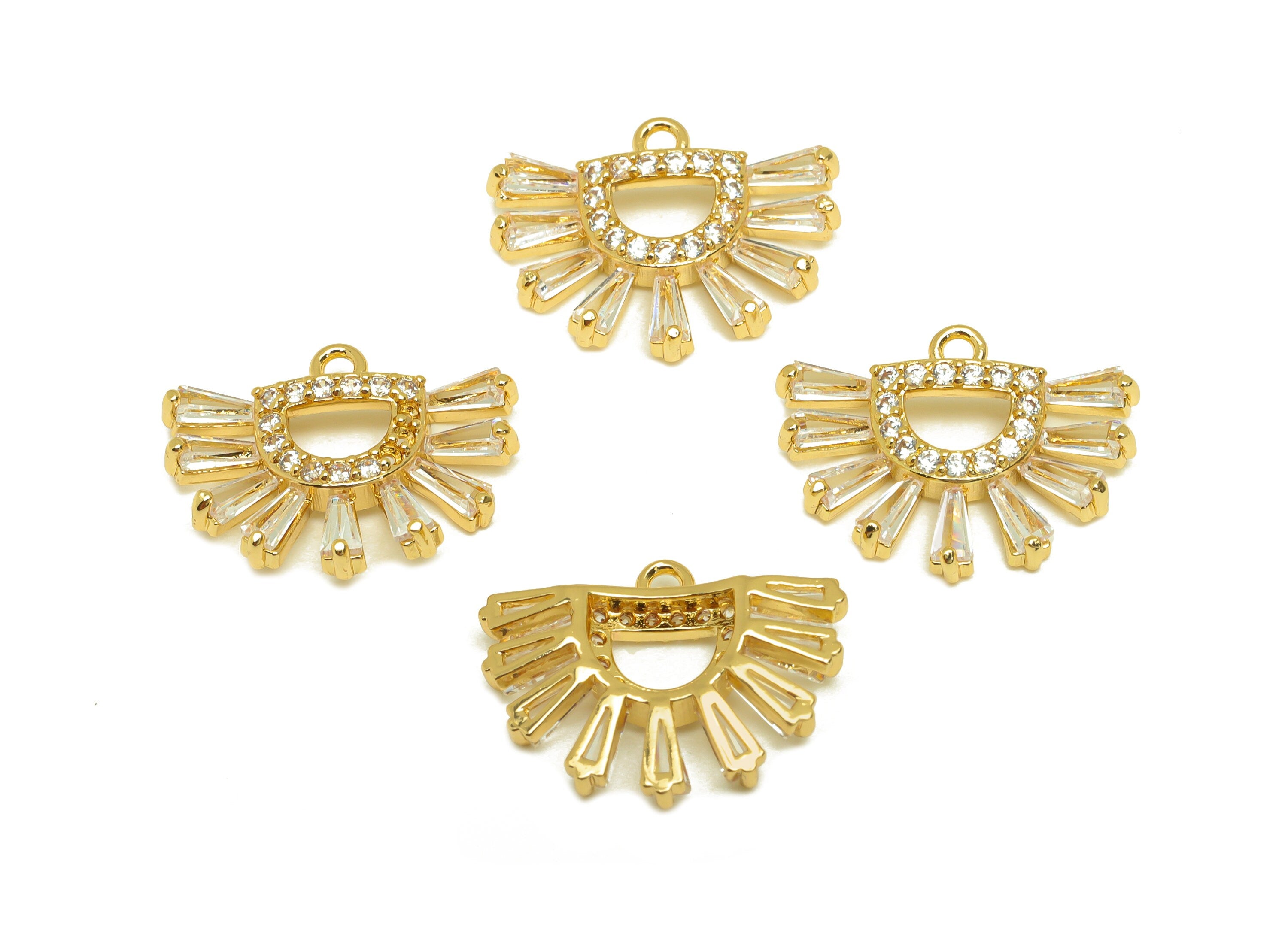 Brass CZ Fan Earring Charm - Brass Domed Cubic Zircon Charm - Zircon Earring Charm - 18K Real Gold Plating - 17.33x13.13x3.45mm - RGP7089 - DOMEDBAZAAR