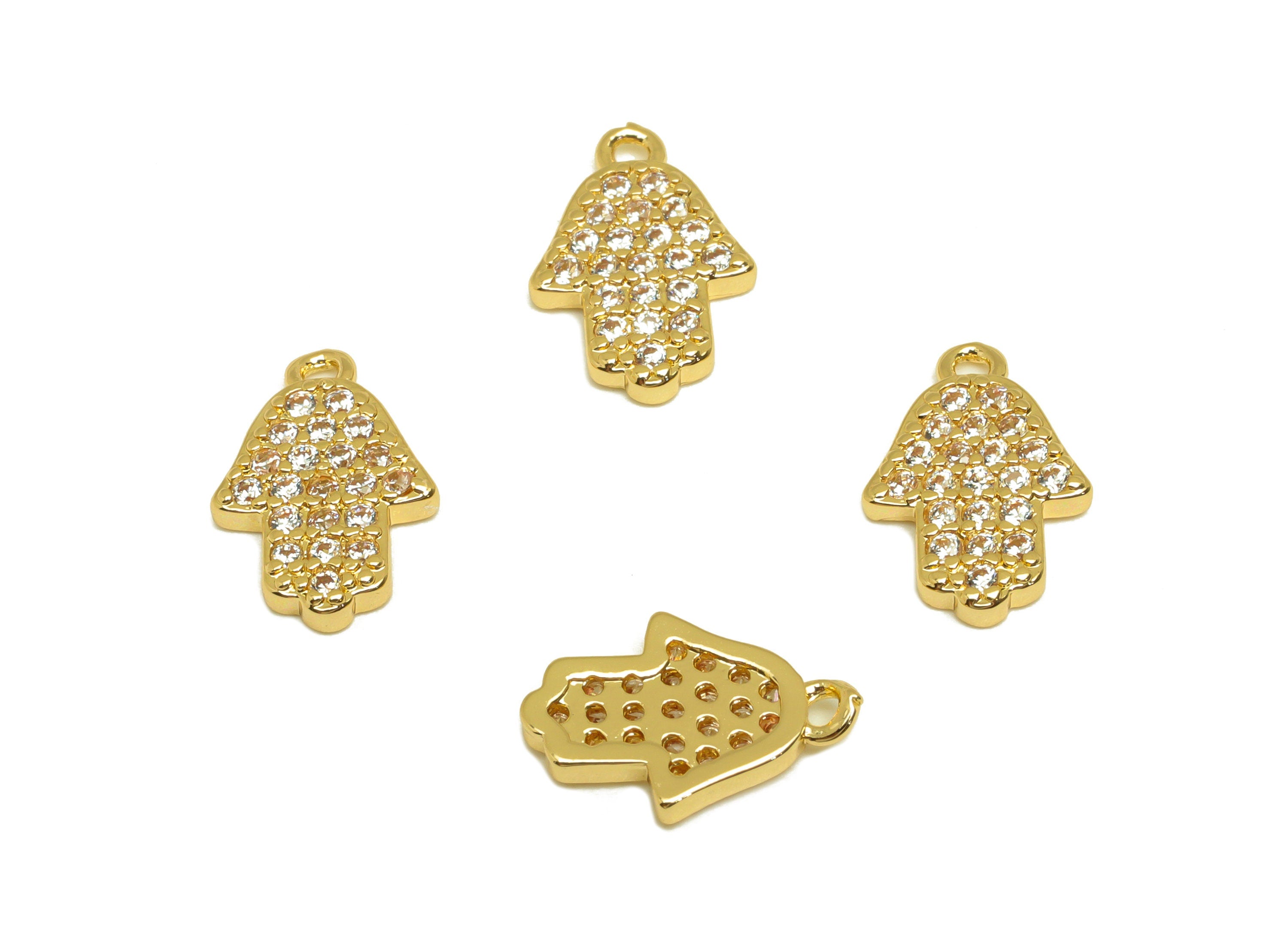 Brass CZ Hamsa Earring Charm - Brass Mini Cubic Zircon Charm - Hamsa Earring Charm - 18K Real Gold Plating - 12x8.07x1.6mm- RGP7079 - DOMEDBAZAAR