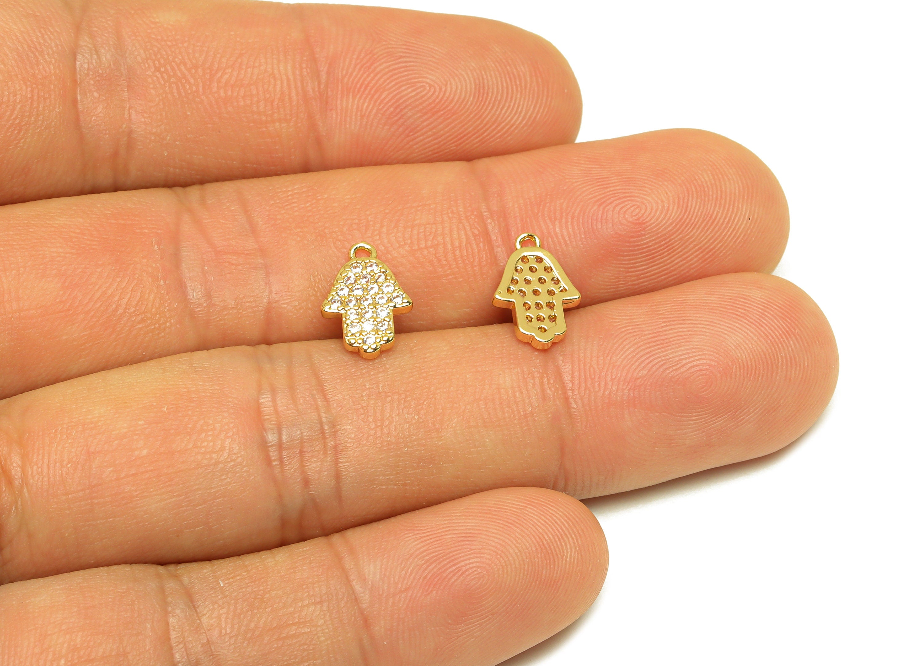 Brass CZ Hamsa Earring Charm - Brass Mini Cubic Zircon Charm - Hamsa Earring Charm - 18K Real Gold Plating - 12x8.07x1.6mm- RGP7079 - DOMEDBAZAAR