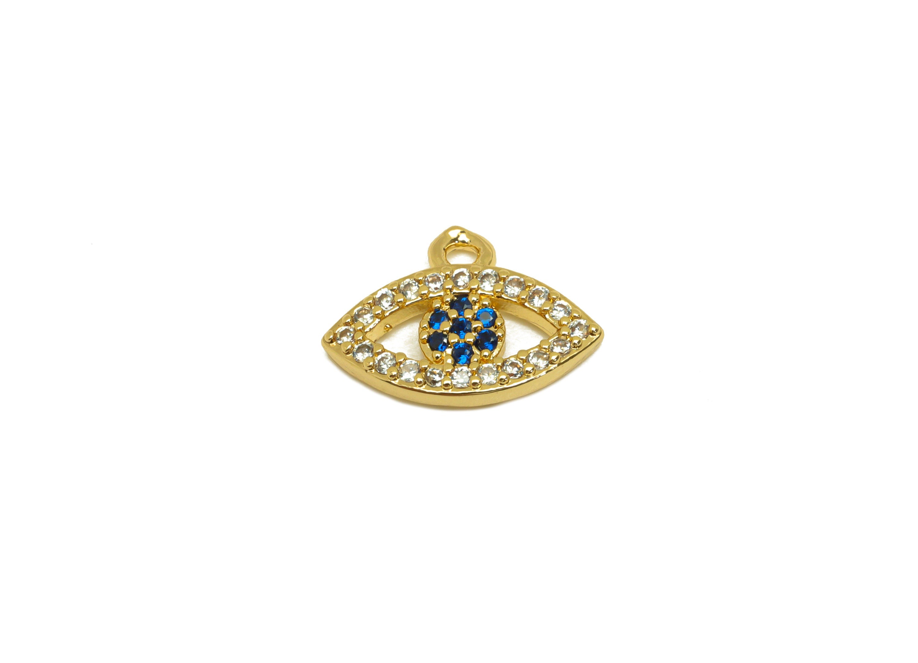Brass CZ Eye Earring Charm - Brass Blue Eye Cubic Zircon Charm - Zircon Earring Charm - 18K Real Gold Plating - 13x9.7x1.82mm - RGP7081 - DOMEDBAZAAR