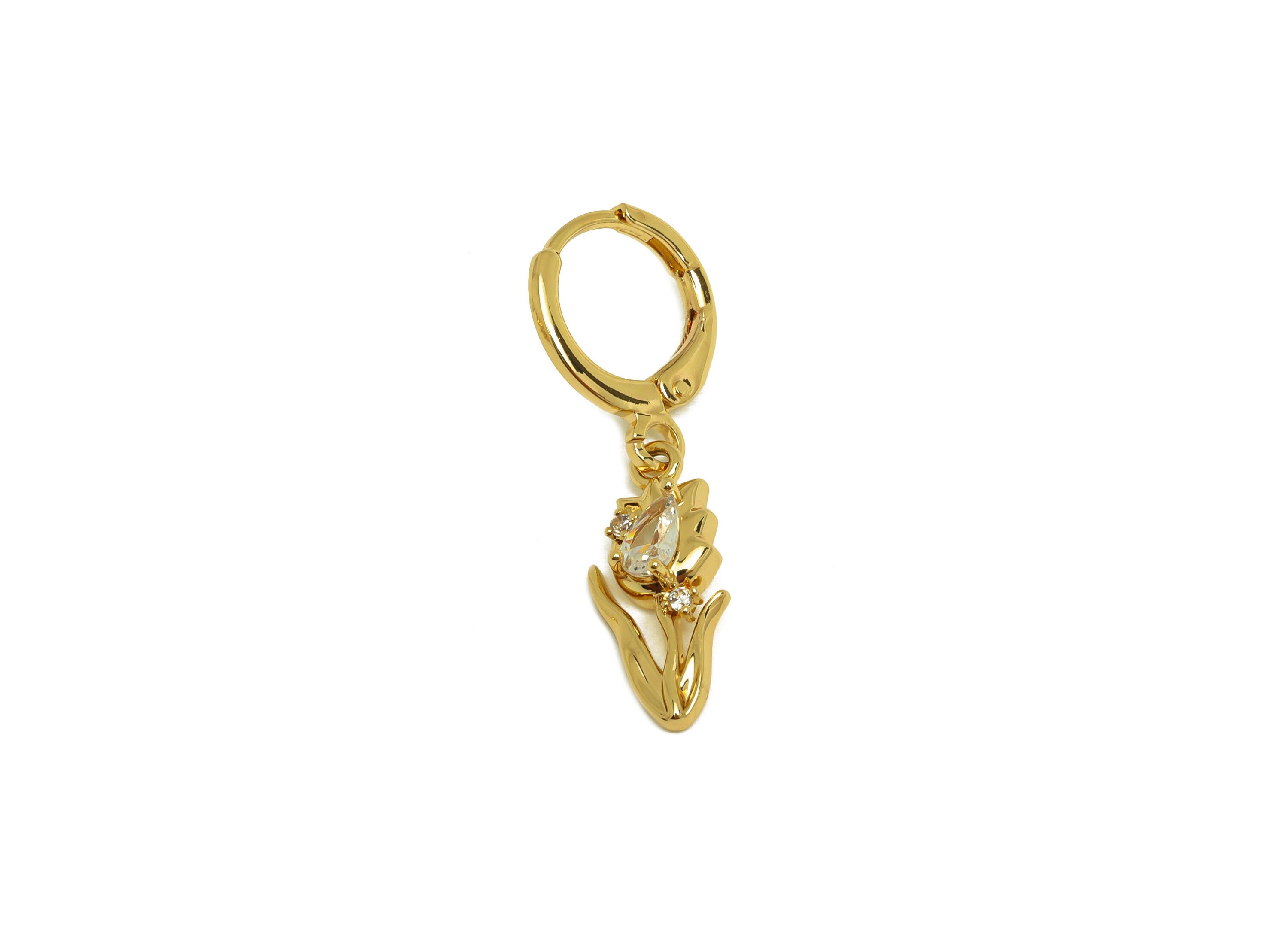 Brass Flower Hoop Earring - Brass Drop Tulip Lever Back Earring - Zircon Huggie Hoop Earring - 18K Real Gold Plating - 29x11x3mm - RGP6835 - DOMEDBAZAAR