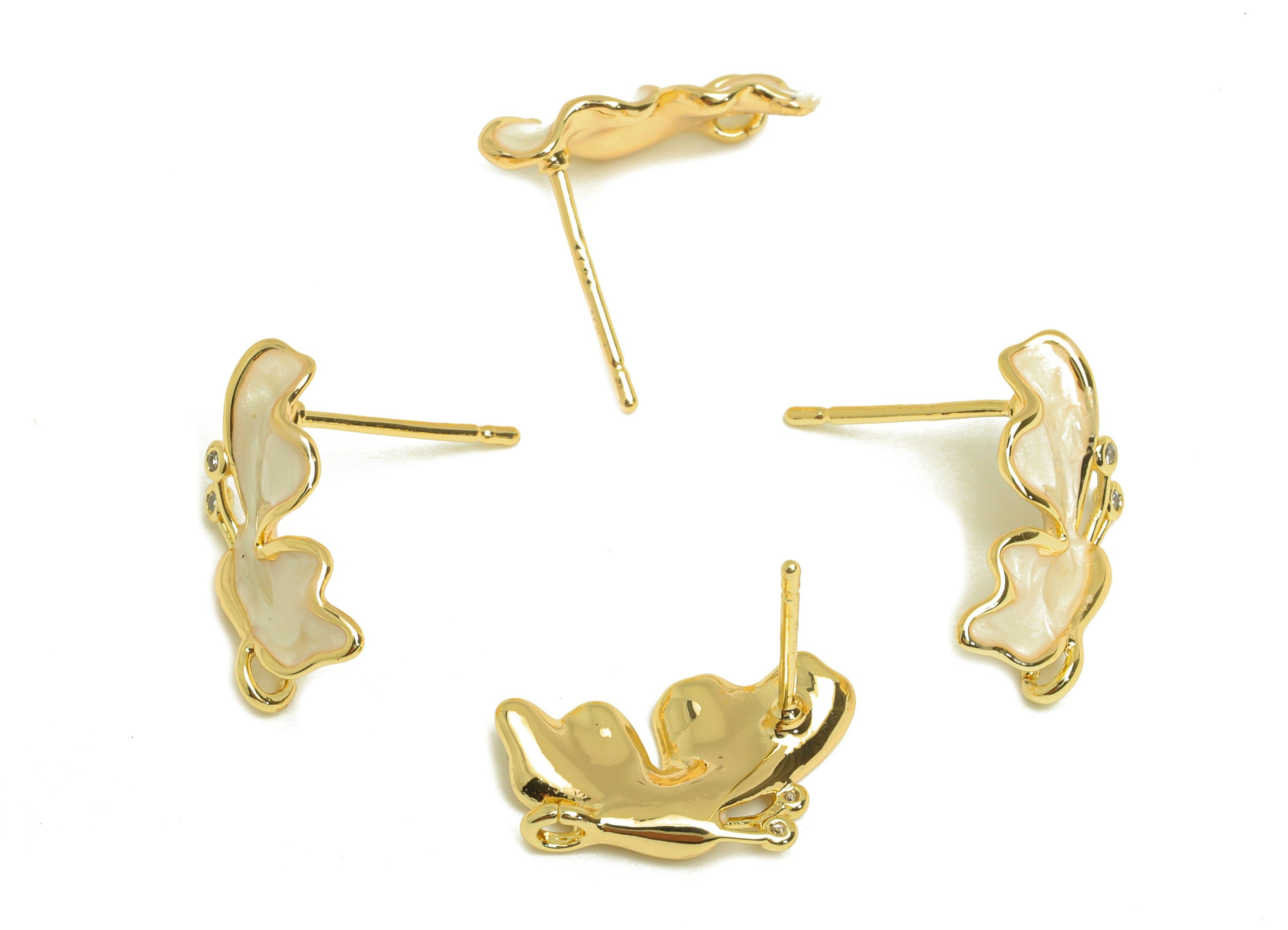 Brass CZ Butterfly Earring Stud - Brass Butterfly Earring Post - Cubic Zircon Earring With Loop - 18K Real Gold Plating - 16x9x1mm - RGP6792 - DOMEDBAZAAR