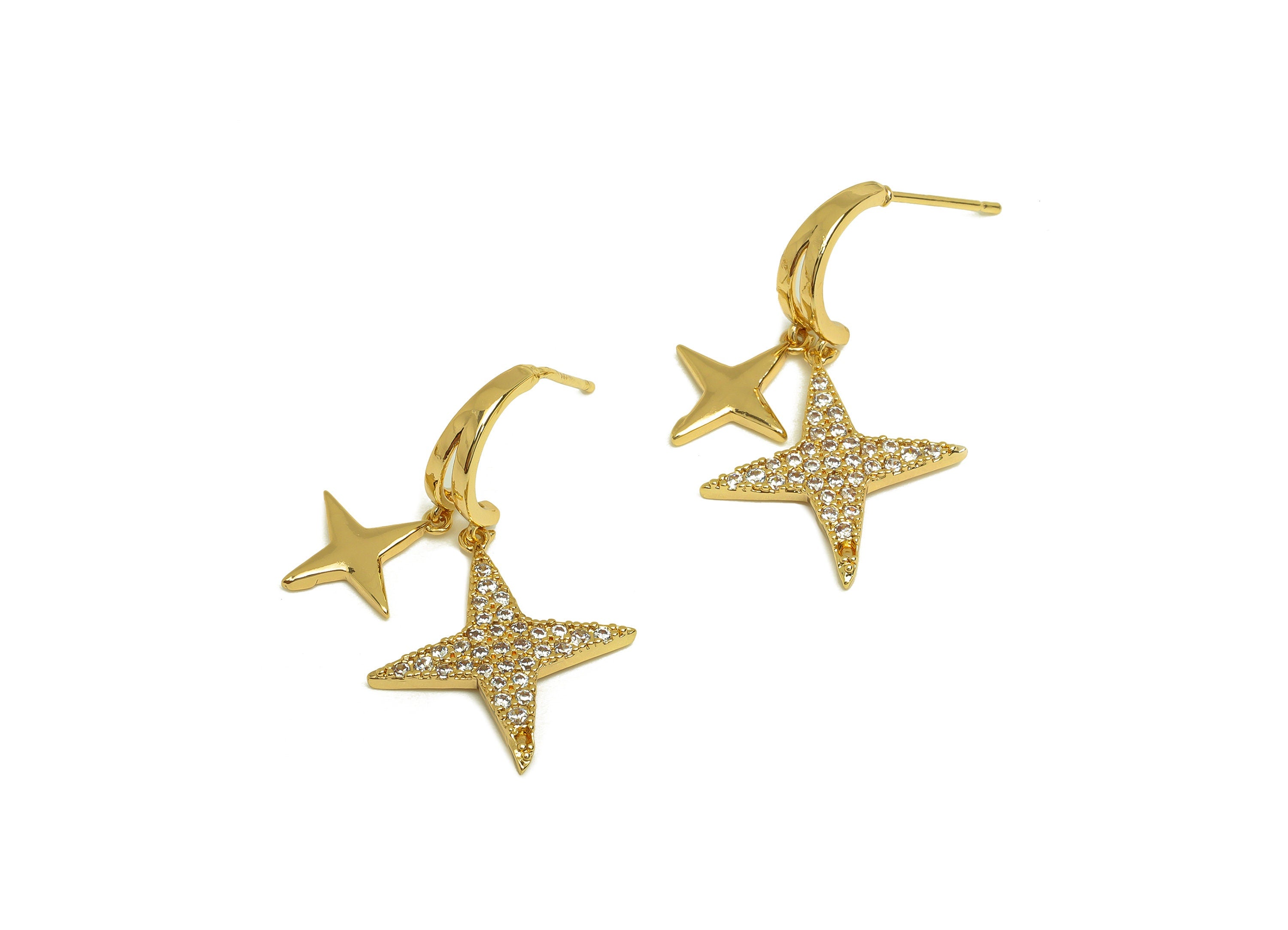 Brass CZ Star Earring Stud - Brass Dangle Hoop Star Earring Post - Brass Zircon Earring Post - 18K Real Gold Plating - 30x18x1mm - RGP6944 - DOMEDBAZAAR